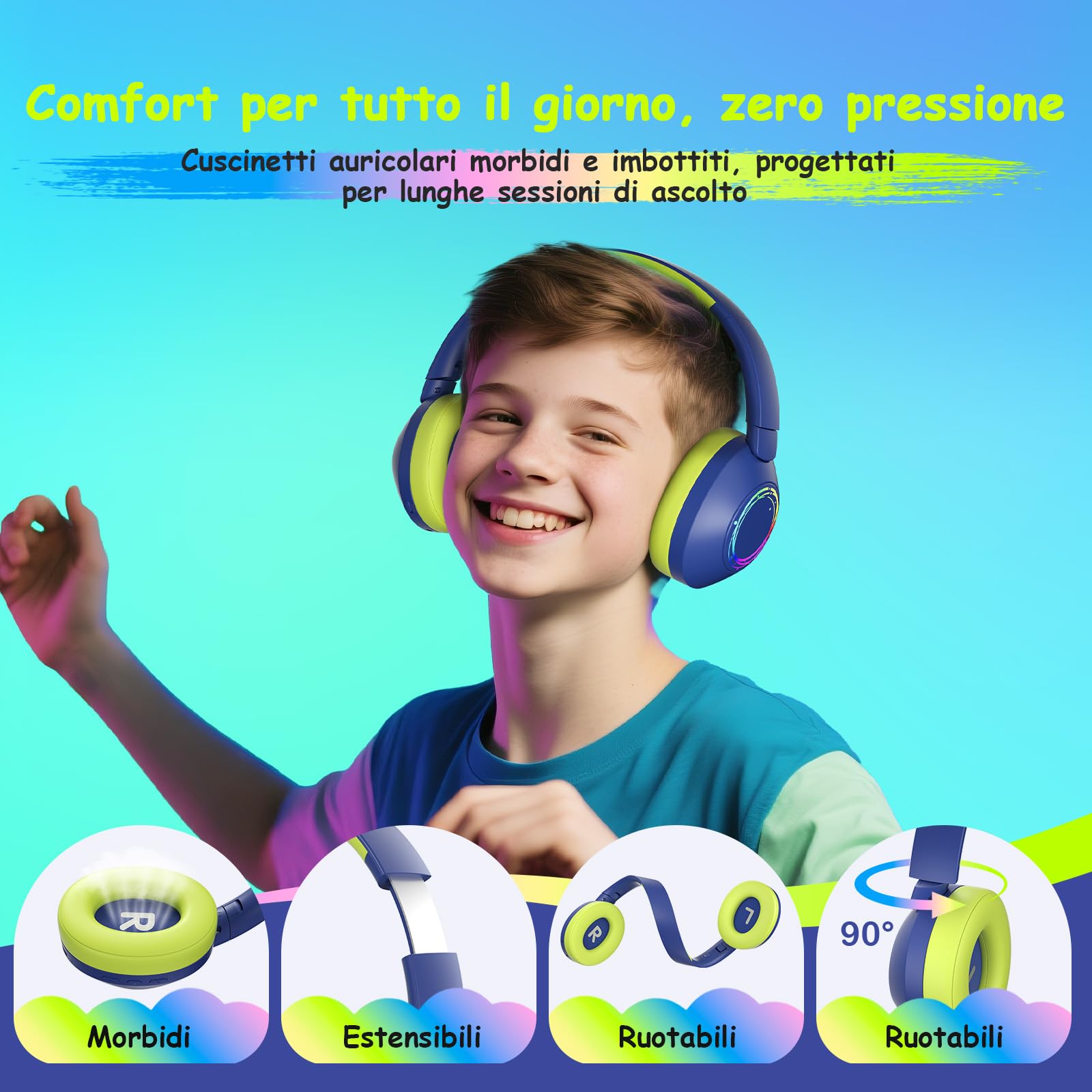 TONOSHARK Cuffie Bluetooth Cancellazione Rumore per Bambini, Cuffie Bambino Con Luci LED RGB Colorate, 60 Ore Di Autonomia, Over-Ear Bluetooth 5.4, Microfono Integrato, Per Casa/Scuola/Feste (Blu)