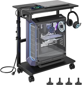 HavenlyYouth 2-Tier Computer Tower Stand with Power Outlet, Height Adjustable PC Tower Stand with Wheels, ATX-Case CPU Holder Cart with Hooks for Home, Office, Gaming Black