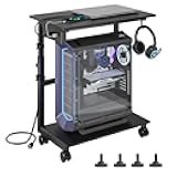 2-Tier Computer Tower Stand with Power Outlet, Height Adjustable PC Tower Stand with Wheels, ATX-Case CPU Holder Cart with Hooks for Home, Office, Gaming (Black)