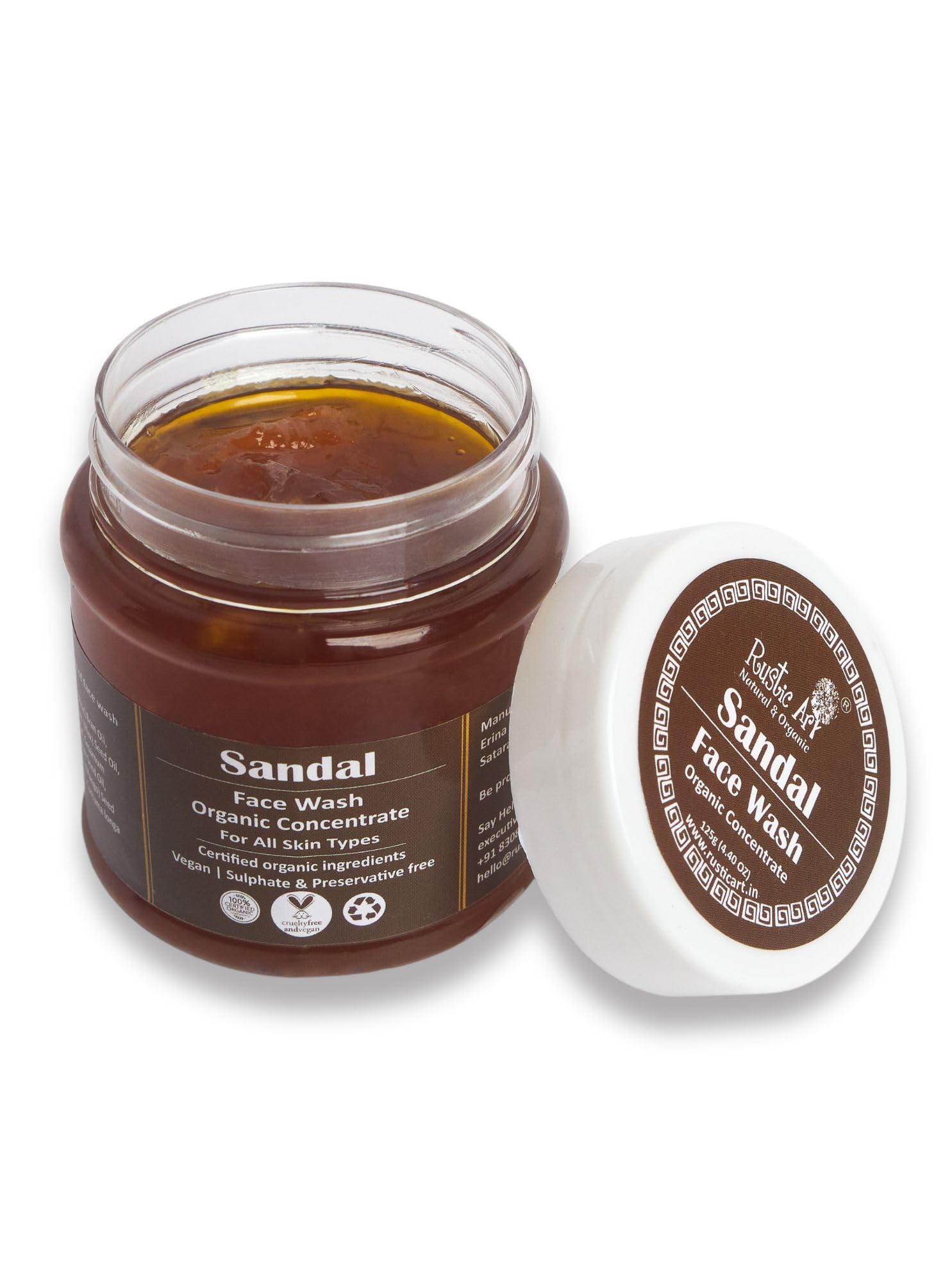 Rustic Art Organic Sandal Face Wash Concentrate | Deep Cleansing, Glowing Skin | Natural Sandalwood, Turmeric, Mango Butter | Sulfate, Paraben Free | Combination to All Skin | 125g