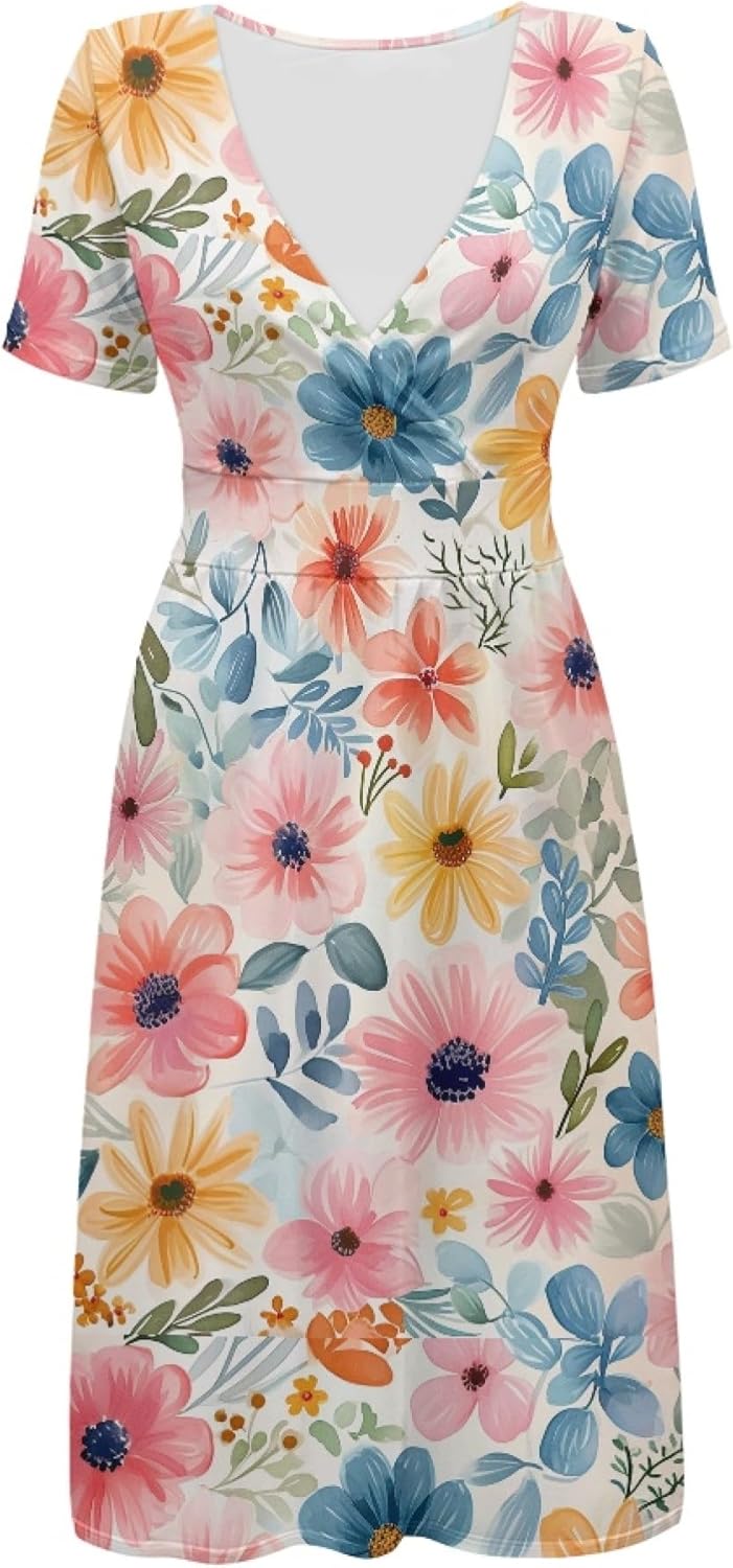 Women 2025 Floral Print Dresses Short Sleeve V Neck Empire Waist Mini Casual Dress Swing Flowy Sun Dress - Image 3