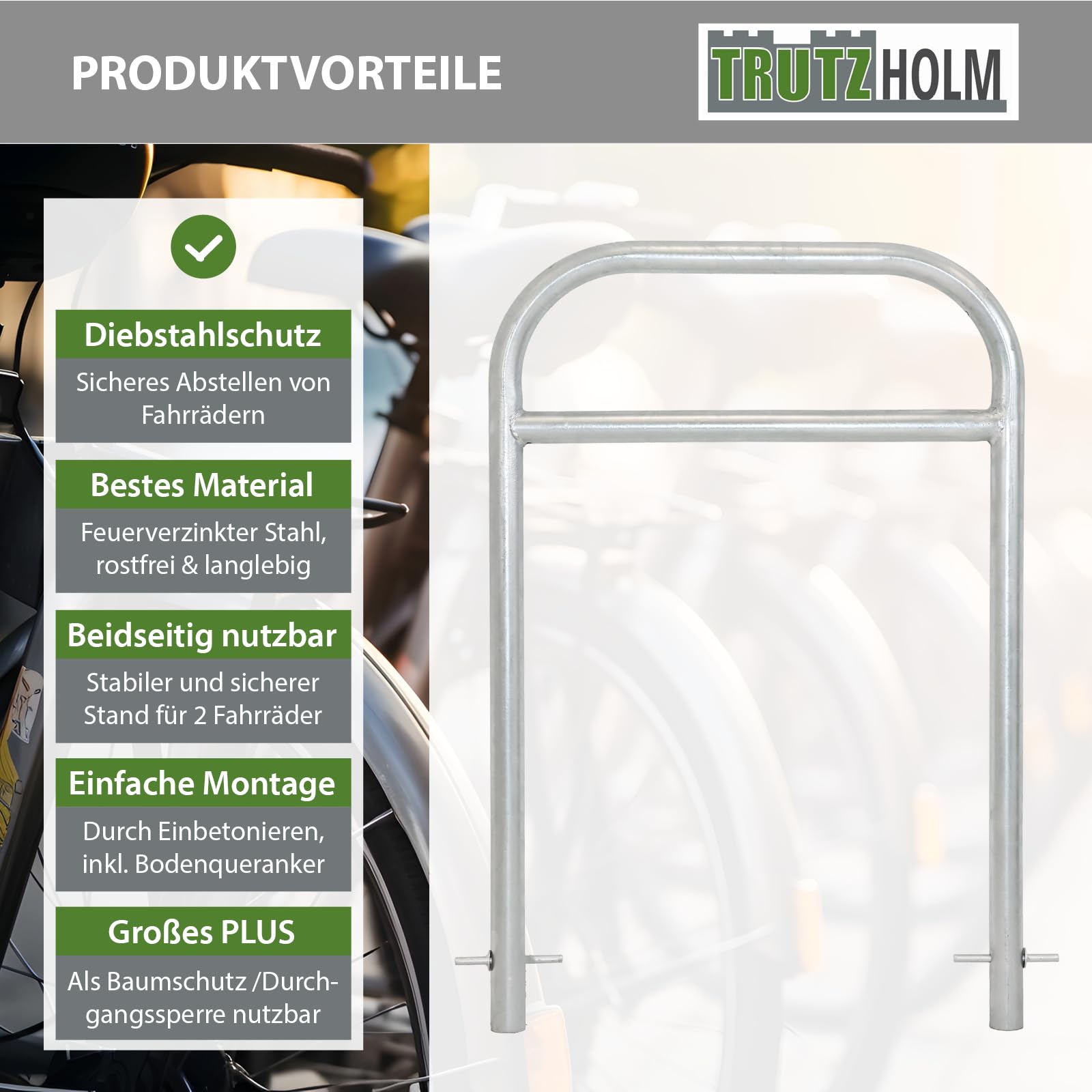 TRUTZHOLM Fahrradanlehnbügel mit Mittelrohr 115 x 78 cm Stahl feuerverzinkt Ø 49 mm zum Einbetonieren Fahrradständer für 2 Fahrräder beidseitig nutzbarer Parker Diebstahlschutz für Fahrräder
