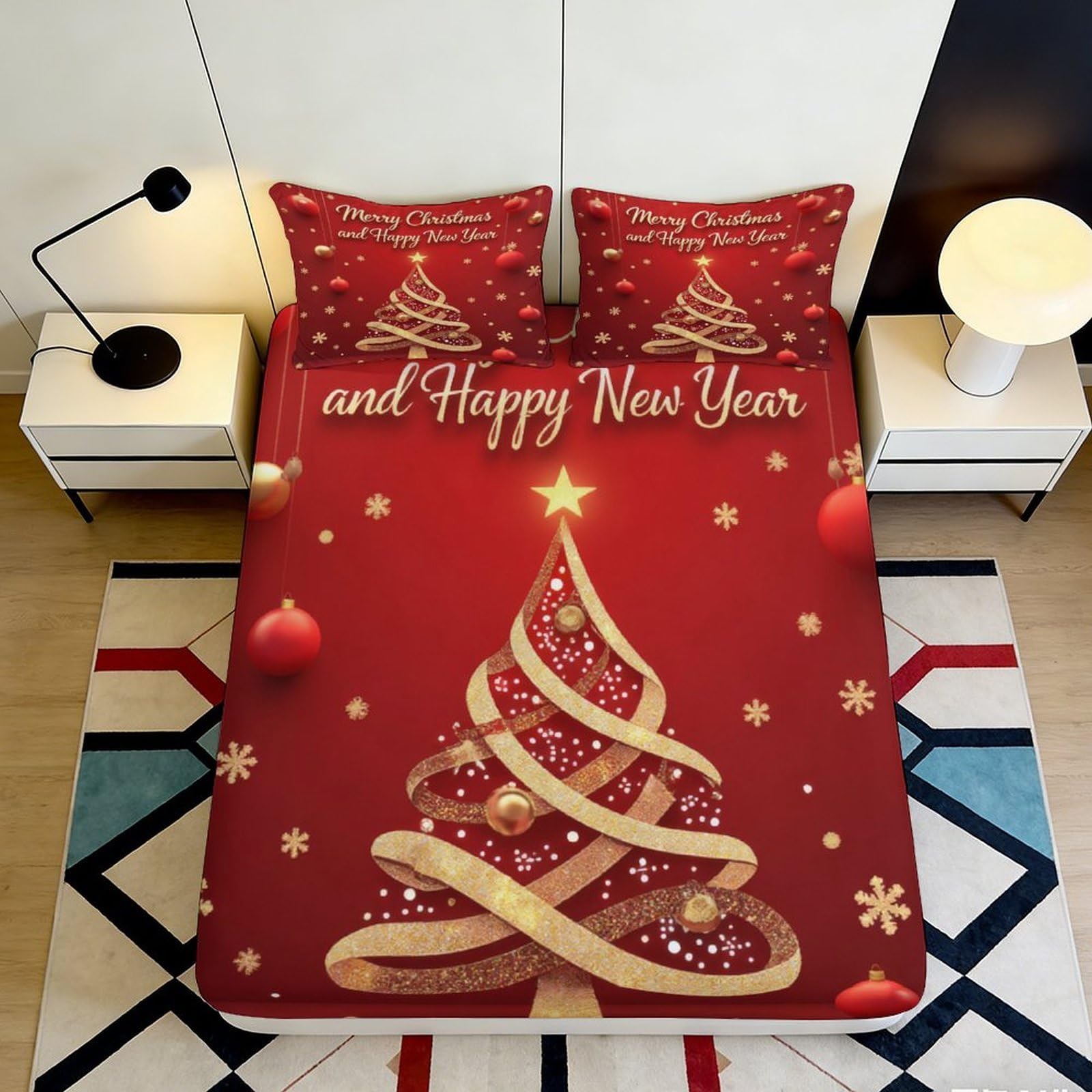 Uxinyoume Style-5 3D Printed Christmas Tree Fitted Sheet Microfiber Red Festive Bed Cover For Bedroom Guest Room Decorative Easy Care 90X200x25cm