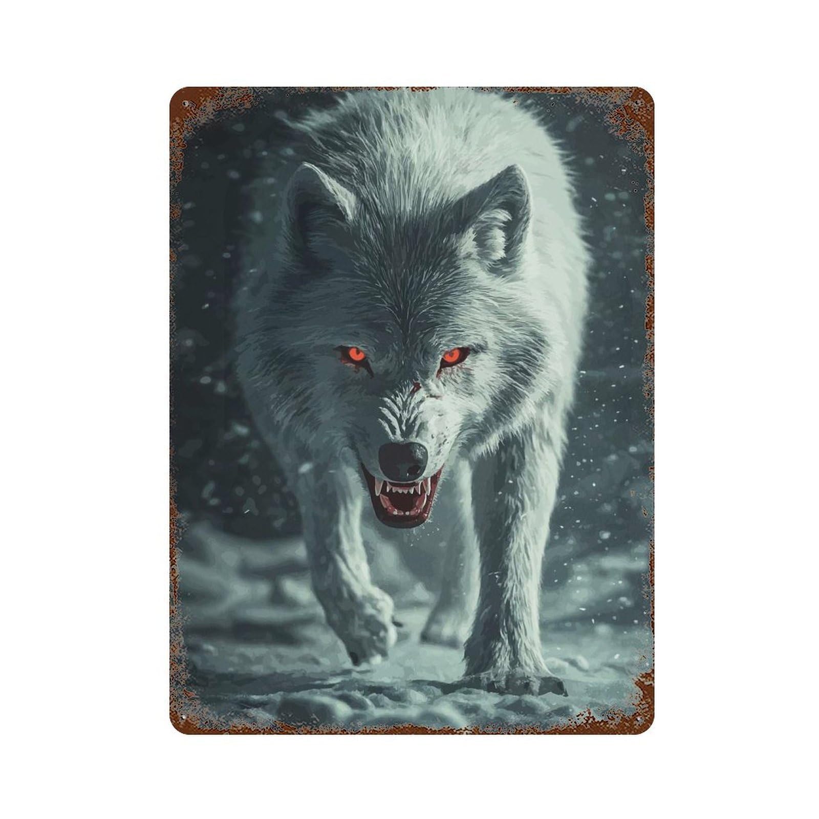 White Wolf with Red Eyes Rusty Metal Tin Sign 15.7"x11.8", Vintage Wall Decor for Garage, Pub Or Kitchen