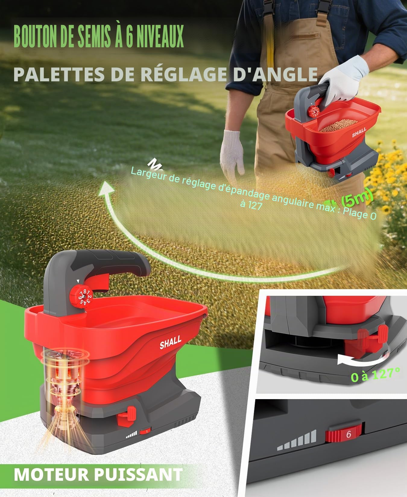 Shall Semoir Universel à Batterie Rechargeable, épandeur d'engrais électrique 7,2 V, adapté au salage des Routes, au déneigement et à l'ensemencement, Batterie et Chargeur Inclus
