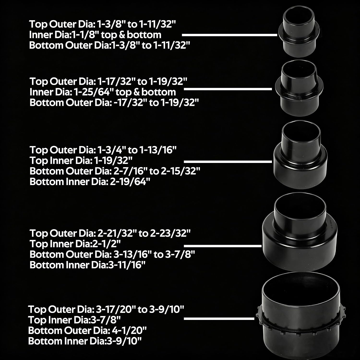 5-Step Modular Dust Hose Reducer and Adapter Set for Dust Collection on Power Tools and Dust Collector.