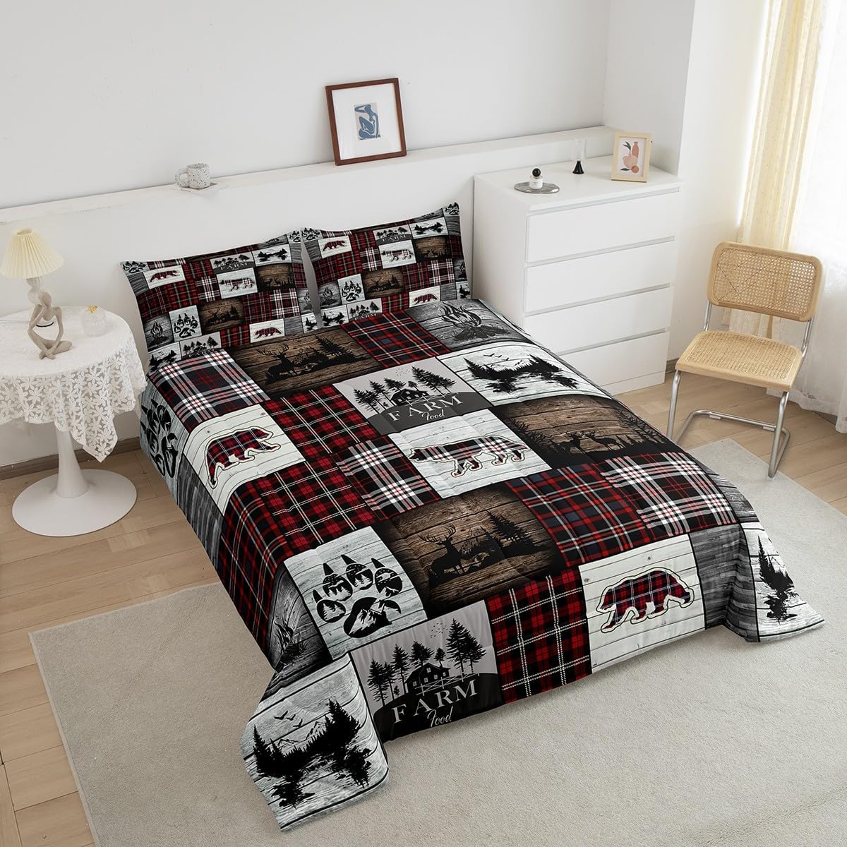 Bear Comforter for Teens Boys Girls Buffalo Plaid Check Bedding Sets for Cabin Camping Wild Farm Animal Elk Deer Duvet Insert Red Christmas Stripes Patchwork Quilt Hunting Theme Quilted Duvet,Full