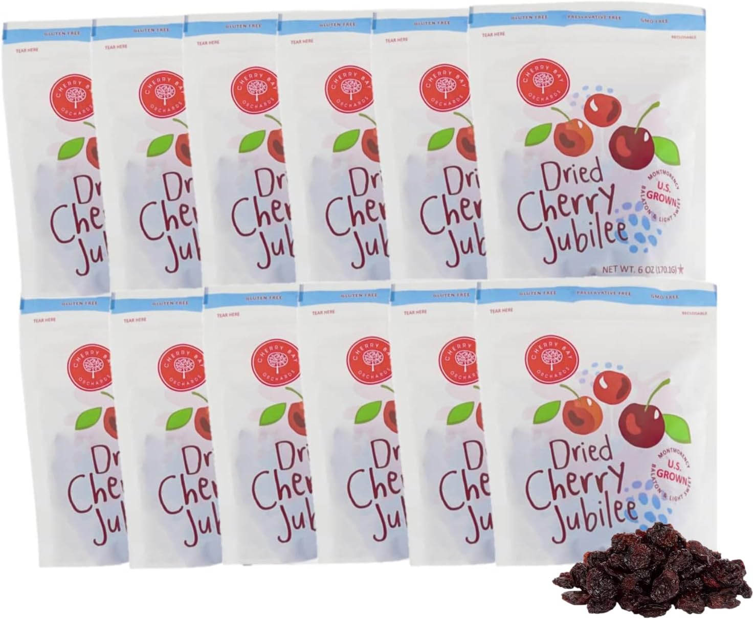 Cherry Bay Orchards Dried Cherry Mix – Pack of Twelve 6oz Bags (Total 72 oz) - Includes Montmorency, Balaton and Light Sweet cherries - 100% Domestic, Natural, Kosher Certified, Gluten-Free, GMO Free