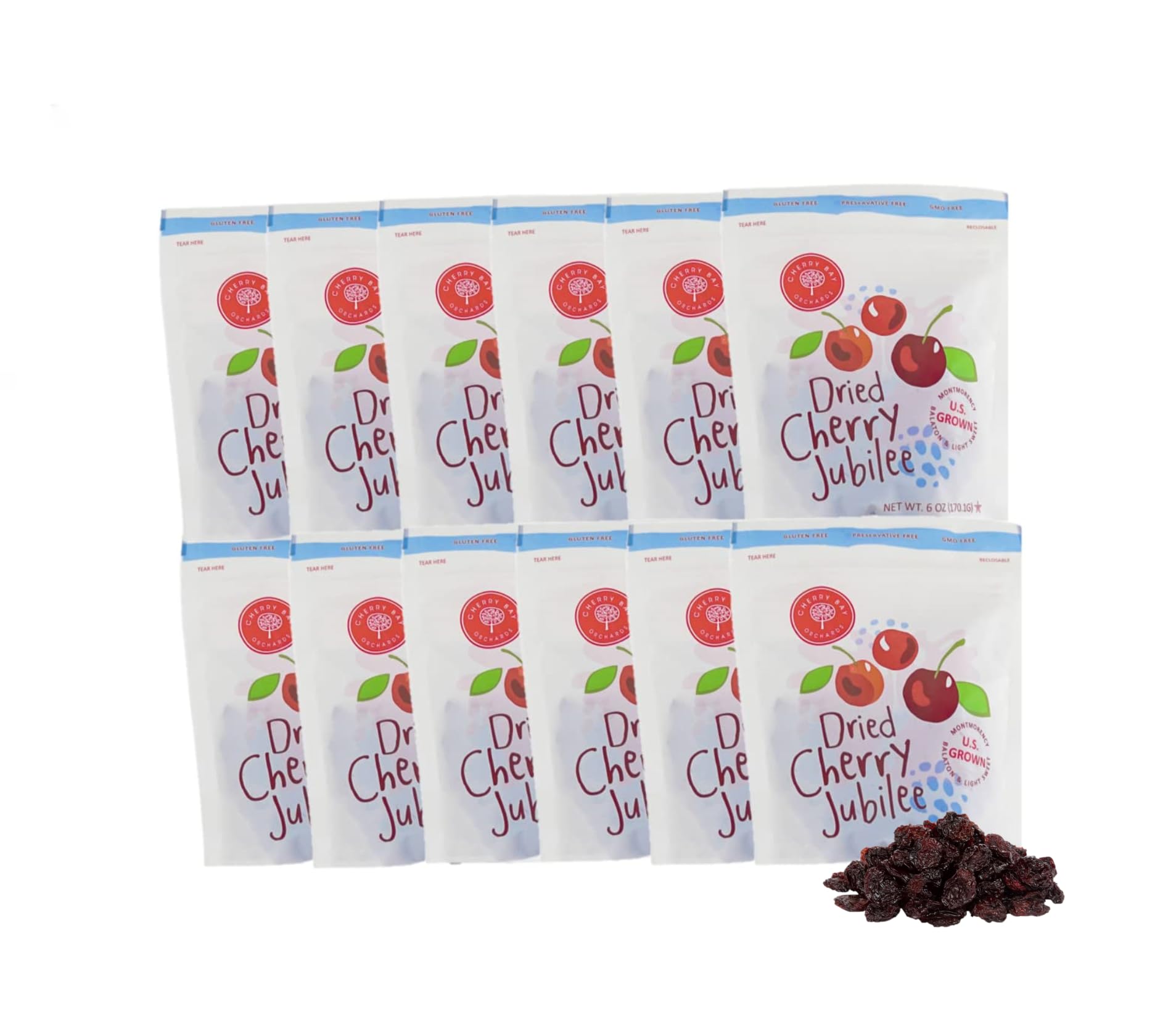 Cherry Bay Orchards Dried Cherry Mix – Pack of Twelve 6oz Bags (Total 72 oz) - Includes Montmorency, Balaton and Light Sweet cherries - 100% Domestic, Natural, Kosher Certified, Gluten-Free, GMO Free