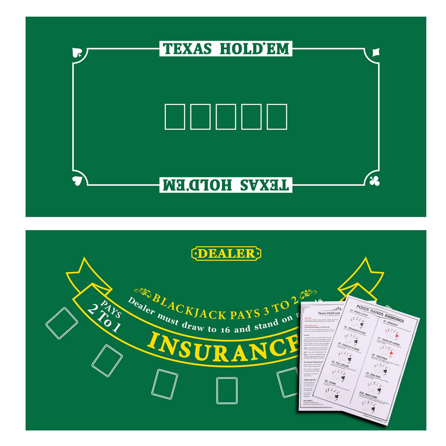 GSE 2-Sided 36"x72" Casino Blackjack and Texas Hold'em Tabletop Felt Layout Mat, Double Sided Casino Texas Hold'em and Blackjack Layout Table Top Mat (Blackjack/Texas Hold'em Layout)