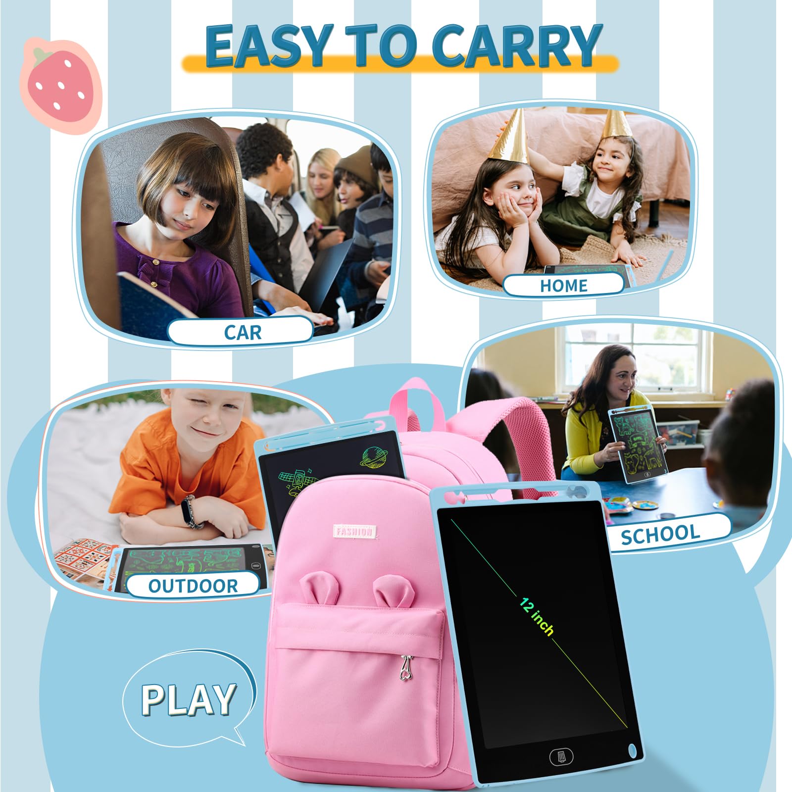 Genialba - Lavagna da scrittura LCD da 12 pollici, vassoio da scrittura LCD colorato, tablet elettronico, tavoletta grafica per giochi per bambini 2 3 4 5 6 7 anni (blu e rosa)