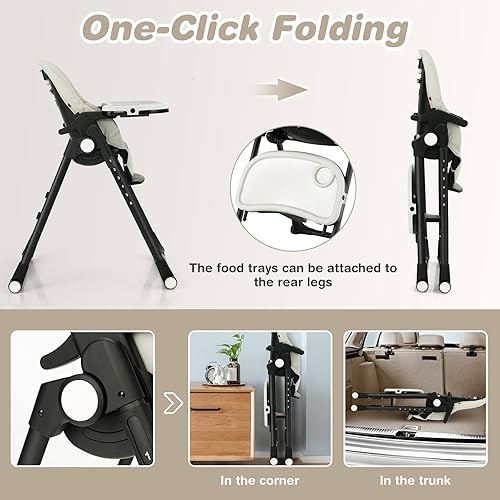 Miniatura 6 de BABY JOY Silla alta para bebés y niños pequeños, silla alta plegable con respaldo ajustable, reposapiés y altura, bandeja extraíble, cojín de