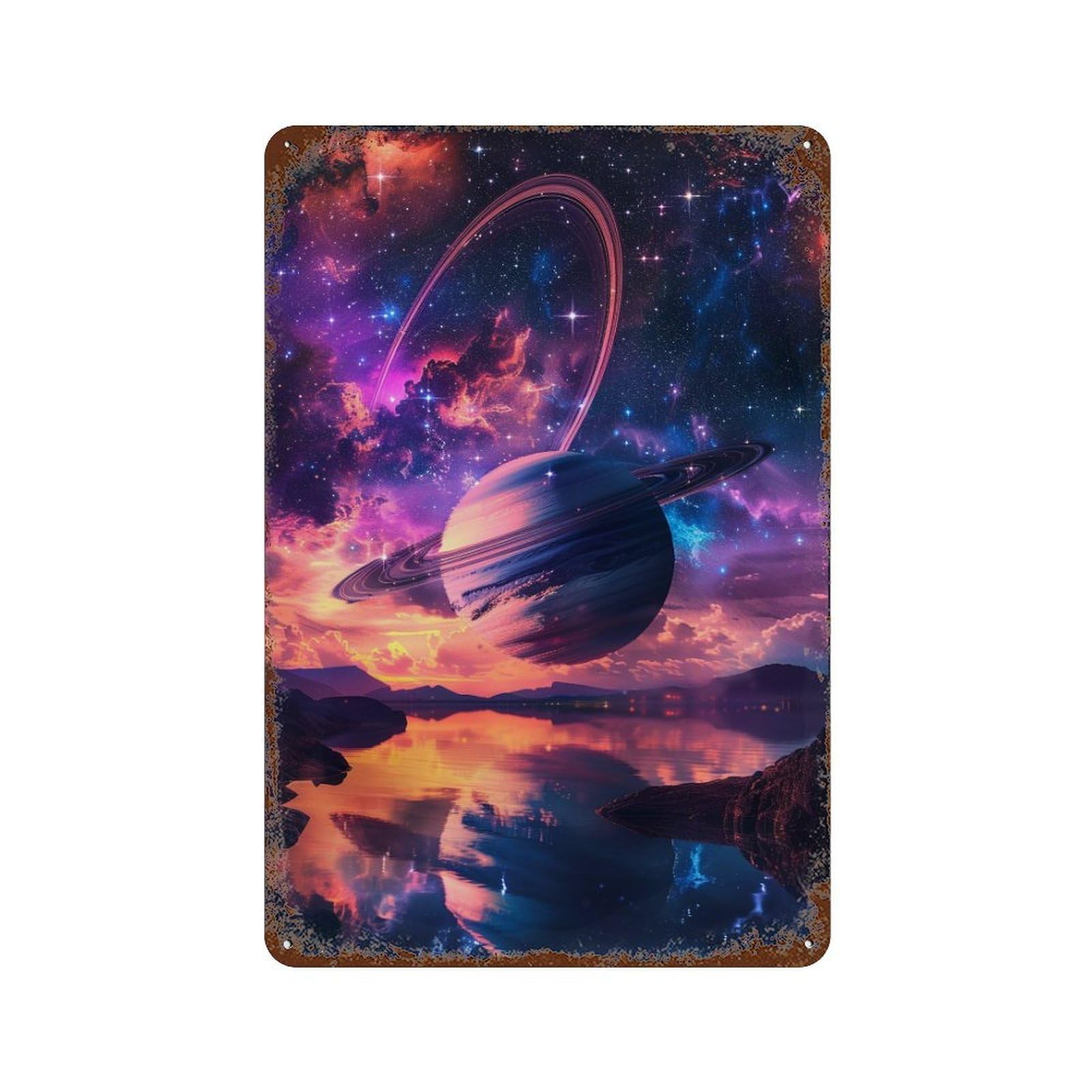 Vintage Rust Metal Sign Galactic Reflections Saturn's Majesty Over Water 11.8"x7.9", Vintage Wall Decor for Office, Studio And Wall Decor