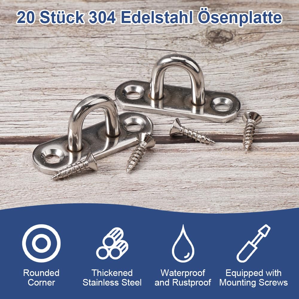 20 Pezzi M5 Piastra Ad Occhiello in Acciaio Inox, Placca Occhiello in 304 con Vite, Occhielli Inox a U, Robusta M5 Gancio per Piastra Oculare per Swing, Amaca, Aerial Yoga, Parasole, Appendere Oggetti