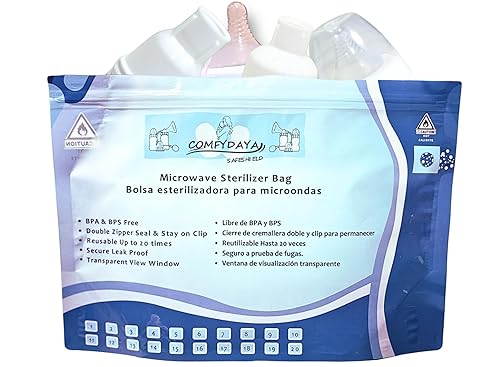 Comfydaya Safeshield Bolsas esterilizadoras de vapor para microondas (8 unidades) para pezones de bebé, biberones, mordedores, partes de extractor