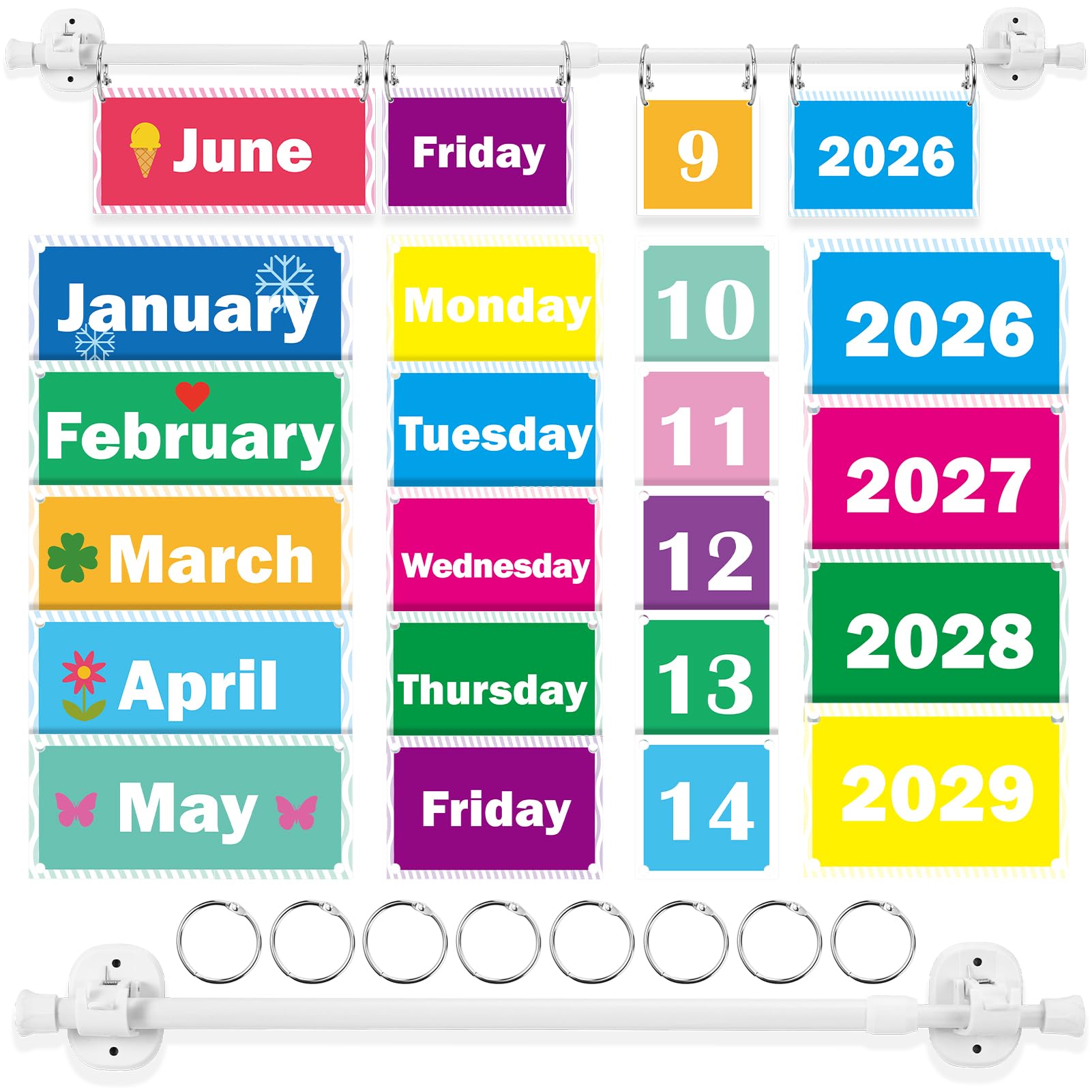 Magnetischer Stab Flip-Kalender für Klassenzimmer, bunte Kalender, Datumskarten mit verstellbarem Stab, Klassenzimmer Flip-Kalender, Pinnwand-Set für Whiteboard und Schulanfang