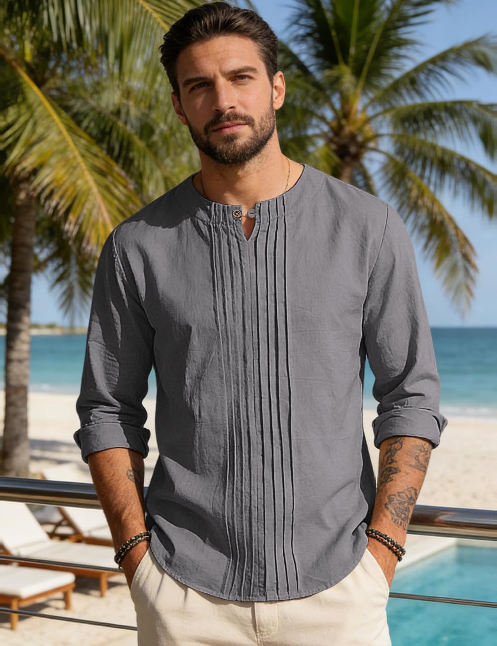 Men's Linen Shirts Casual Long Sleeve Pleated Front T-Shirt Button Henley Collared Loose Lightweight Pullover Top - Image 3