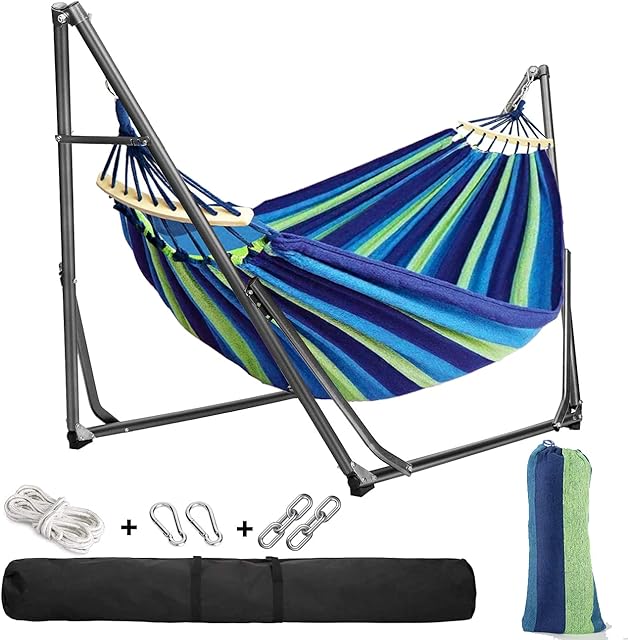 Garden Hammock with Metal Stand Frame and Tree Straps, Easy to Assemble Cotton Fabric Kid Indoor Swing Single Hammock with Carry Bag for Travel Patio Indoor Outdoor
