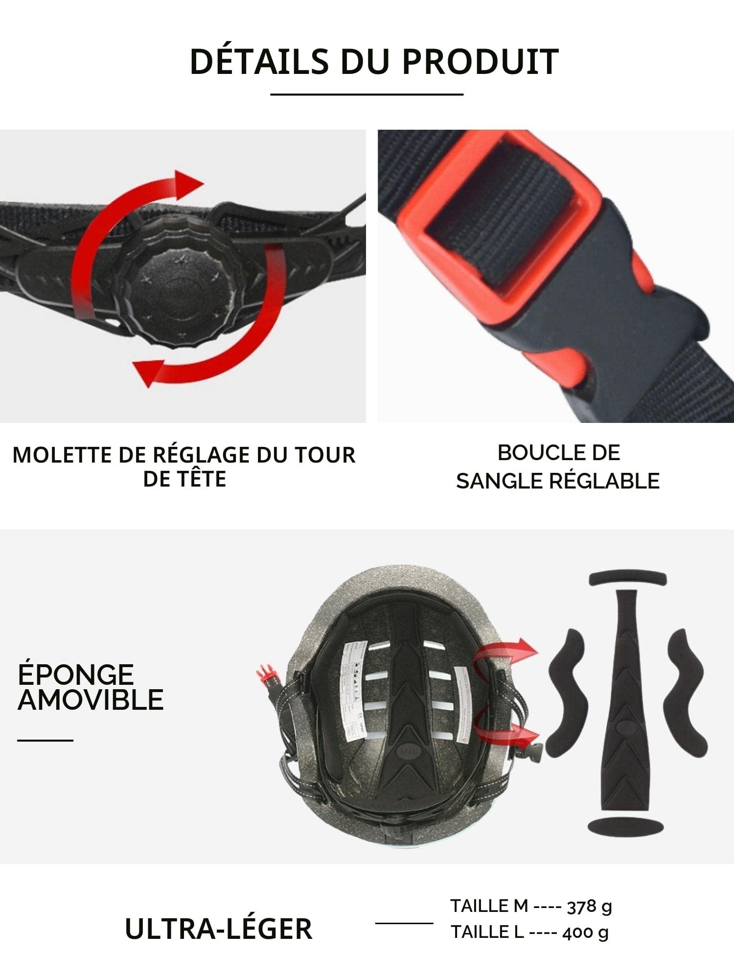 Casque de Vélo ou Scooter Électrique avec Voyant Rouge + feu Avant Blanc Casque VTT, Planche à roulettes, Patins Léger avec Doublure Amovible, Coque PC + EPS, 14 évents et Câble de Chargement USB