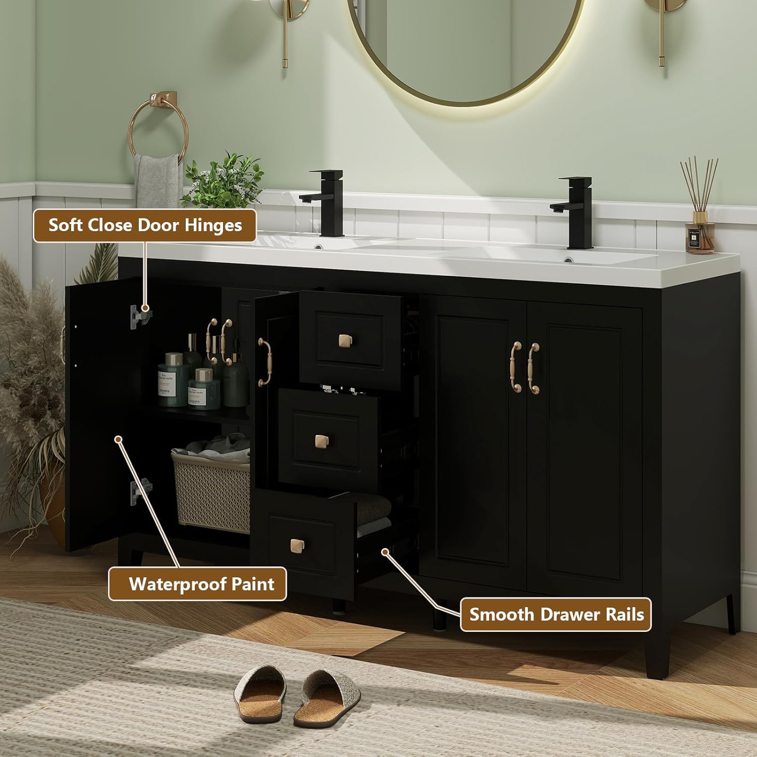 YOURLITE 60” Bathroom Vanity with Sink, Painted Surface Freestanding Vanity Cabinet with 4 Soft-Close Doors, 3 Drawers,Matte Black Faucet Drain,Modern Bathroom Furniture