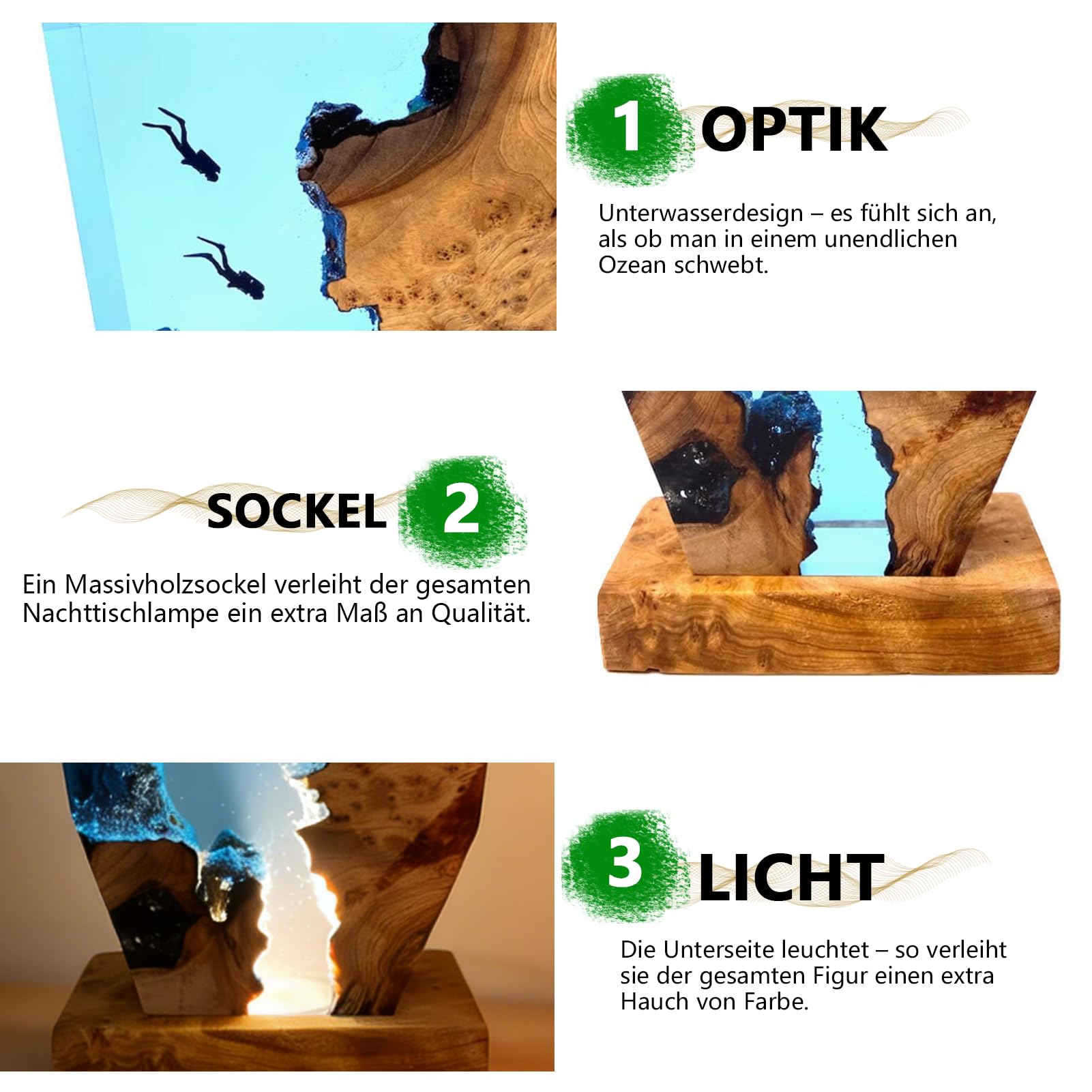 Marine Statue Dekoration Lampe,Harz-Ozean-Lampe,3D Ozean Figur Harz Statue Ornamente mit Holzsockel,Tiefsee-Höhlentauchen-Nachtlicht für Zuhause,Deko Weihnachten Geburtstag Geschenke (8*5in)