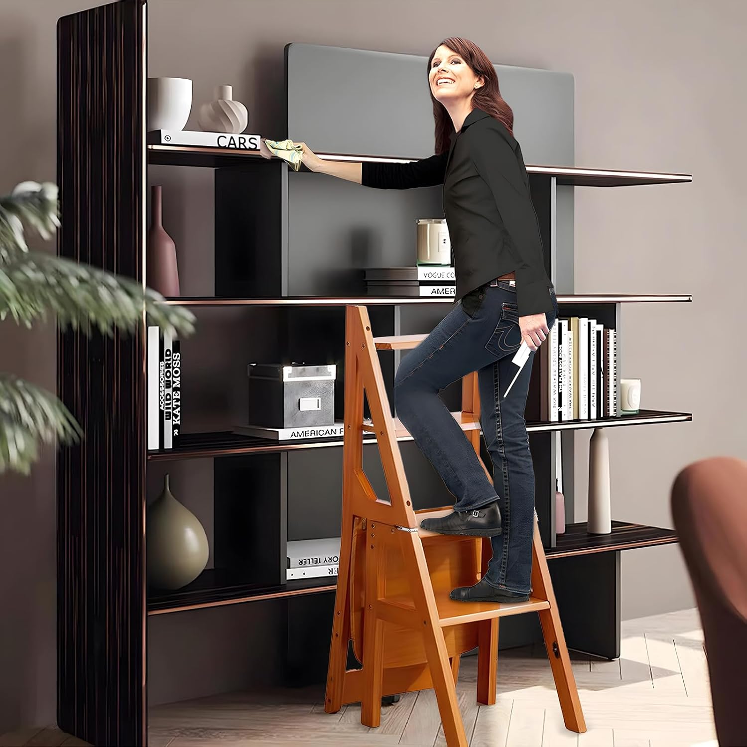 OCKYOOZ 4 Tier Folding Ladder Chair, 3-in-1 Solid Wood Step Ladder, Foldable Ladder Stool Shelf, Protable 4-Step Library Ladder, Multi-Functional Display Stand for Home Office (Size:14"L*18"D*35.4"H) - Image 6