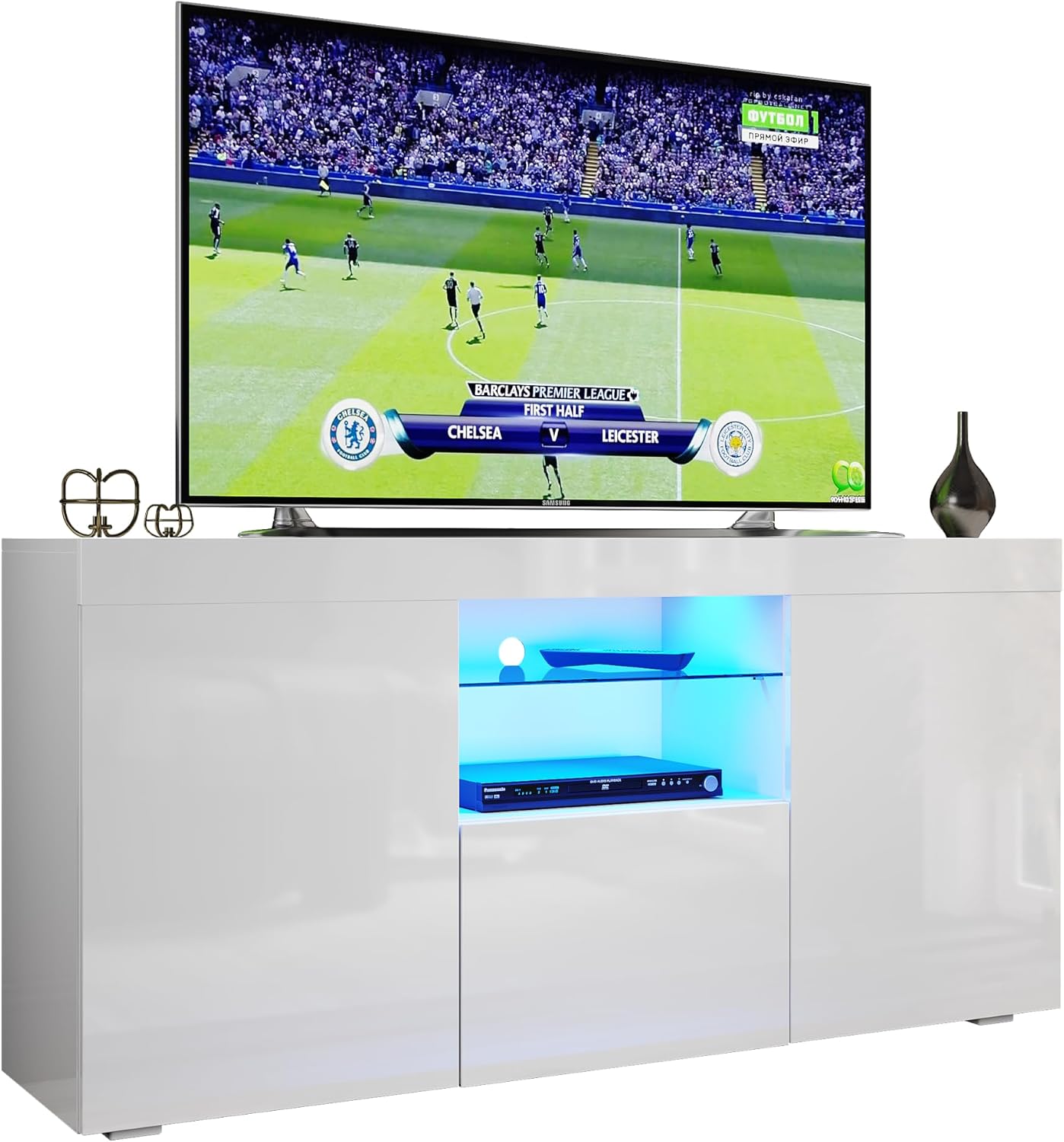 ELEGANT 1350mm Modern Tall TV Cabinet with RGB LED Lights White Gloss TV Unit for up to 55″ TV with Ambient Light for Living Room Furniture, Power Adapter included