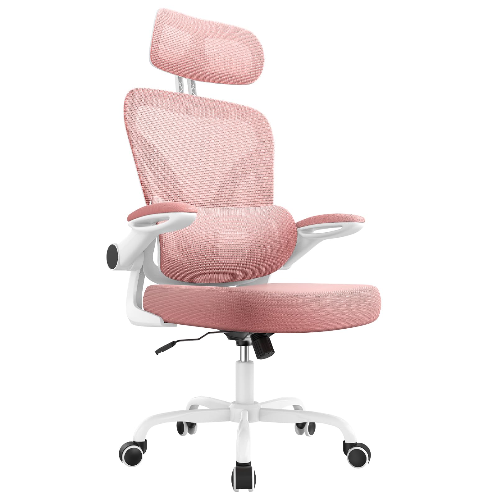 naspaluro Ergonomic Office Chair, Flip-Up Armrests Desk Chairs with Dual Backrest, Breathable Mesh Swivel Chair for Home Office, PC Study Chair with Adjustable Headrest, Pink