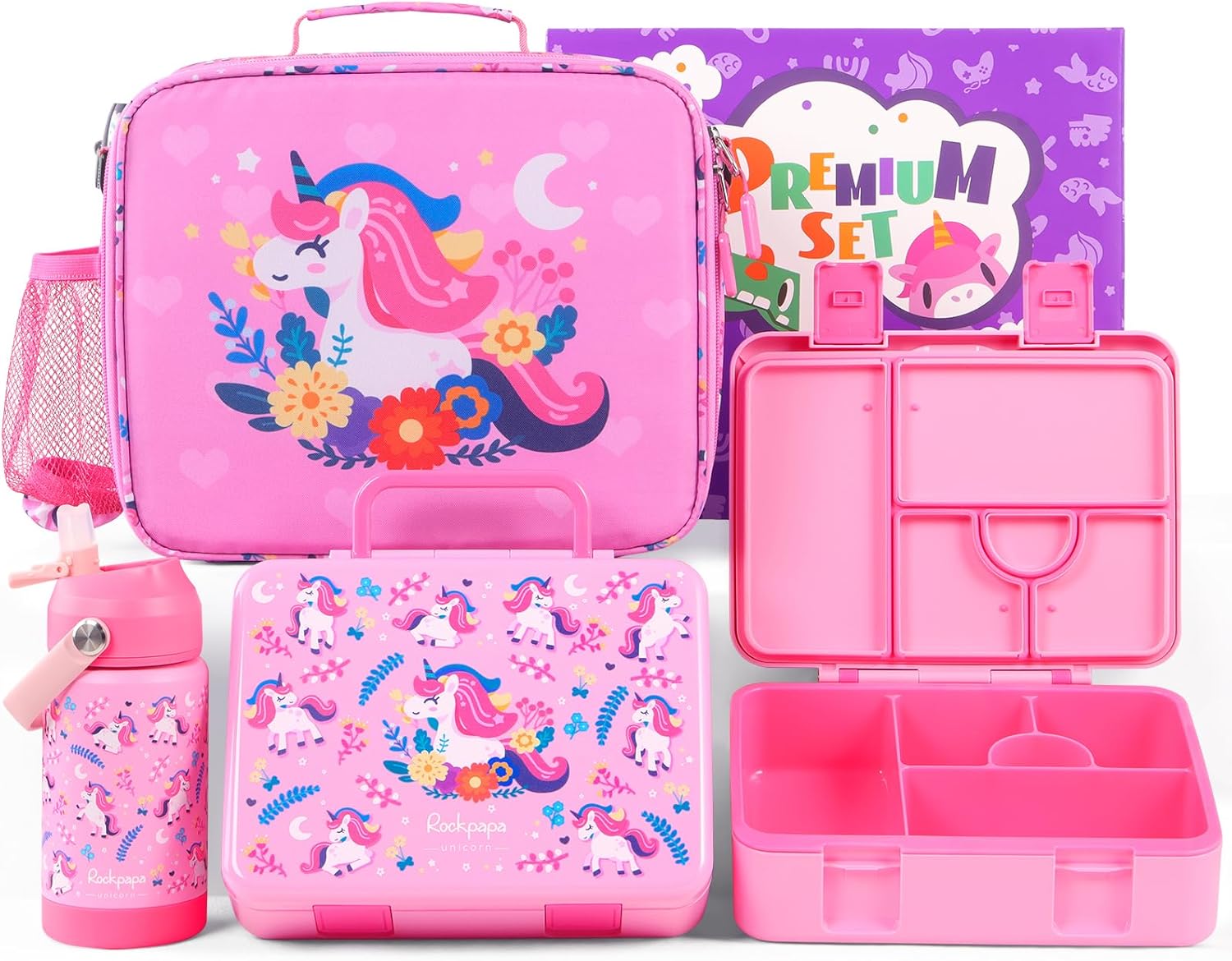 rockpapa 5 Compartment Bento Lunch Box for Kids with Uensils & Water Bottle & Lunch Bag with Strap, BPA-Free Lunch box Containers Set for School Boys Girls Ages 3+ (Pink Unicorn)