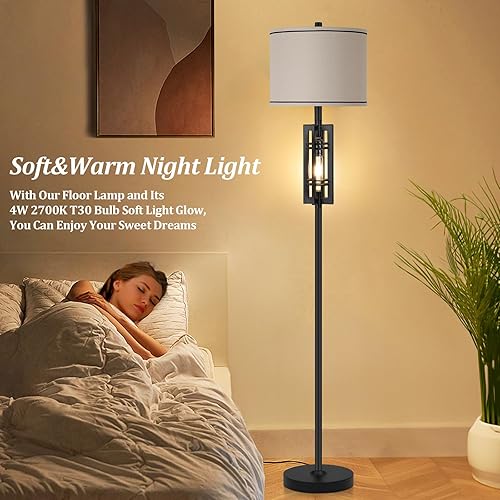 Miniatura 7 de Lámpara de pie de granja con luz nocturna, lámpara de pie negra para sala de estar, 2 bombillas LED E26 incluidas, lámpara de lectura de pie