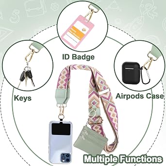 Clip and Go Strap for Phone with Wallet Crossbody, Phone Strap with Zippered Wallet, Adjustable Anti Theft Cellphone Lanyard for Women, Cellphone Chain Accessories Green