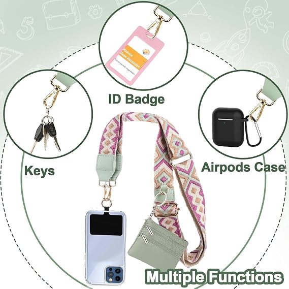 Clip and Go Strap for Phone with Wallet Crossbody, Phone Strap with Zippered Wallet, Adjustable Anti Theft Cellphone Lanyard for Women, Cellphone Chain Accessories Green