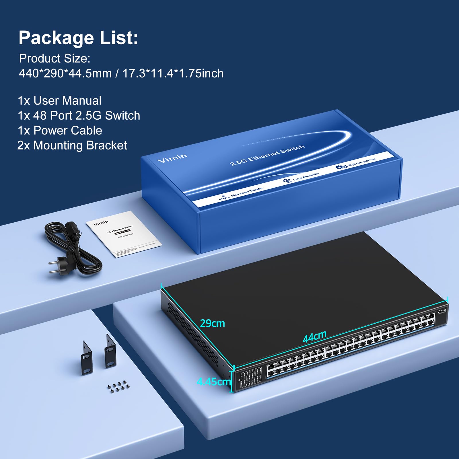 VIMIN Switch Non Gestito a 48 Porte 2,5G, Switch Ethernet Base-T a 48 Porte 2,5GB, 2,5Gb Switch di Rete Plug & Play, Compatibile con 10M/100M/1000M/2,5G, capacità 240Gbps, per Nas, AP Wireless e PC