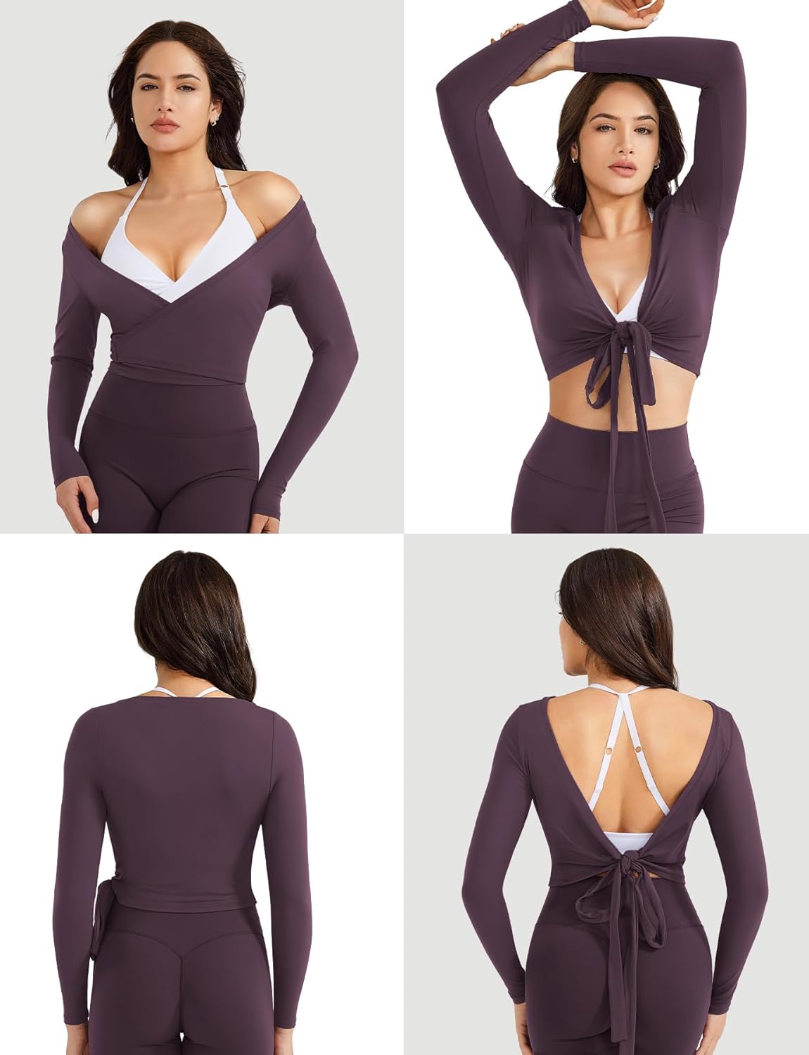 VOYJOY Women Ballet Wrap Top Long Sleeve Shirt Blouses Y2K Workout Gym Active Adjustable Tie Shirt Tops - Image 4