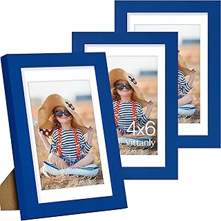 Vittanly 4x6 Picture Frame Set of 3, Display Pictures 3.5x5 with Mat or 4x6 without Mat for Wall Mounting or Tabletop, Picture Frames for Wall Decor, Engineered Wood, Royal Blue