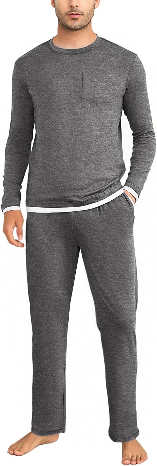 Pyjama voor heren, lange 2-delige pyjamaset, zacht, warm