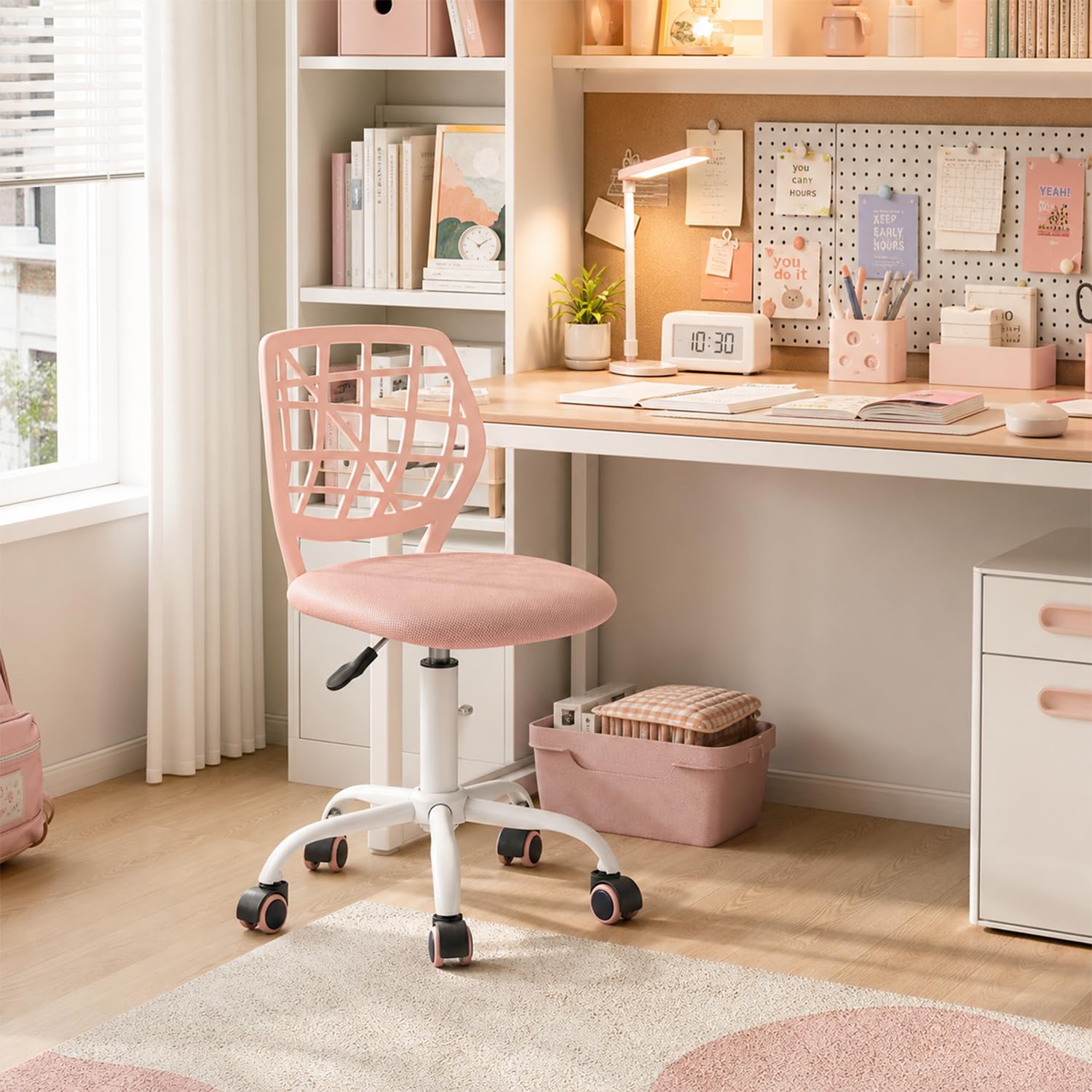 MEUBLE COSY Chaise de Bureau Ergonomique, Siège Pivotant, Réglable en Hauteur, Chaise Ordinateur sans Accoudoirs, pour Télétravail, Étude et Chambre, Rose Corail