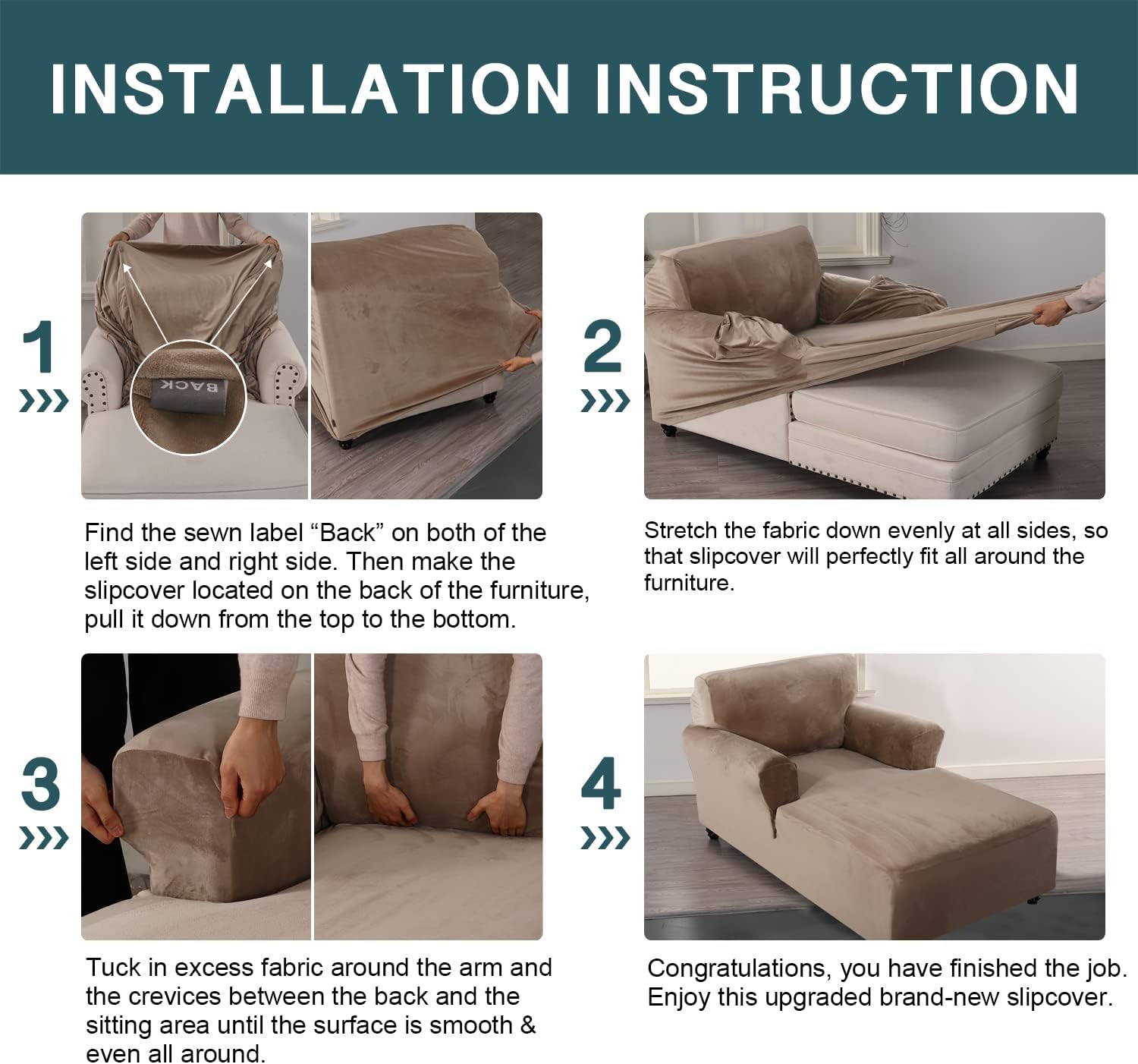 FantasDecor Velvet Chaise Lounge Cover Stretch Double Arm Chair Slipcover for Living Room Bedroom Soft Plush Fabric Machine Washable, Taupe