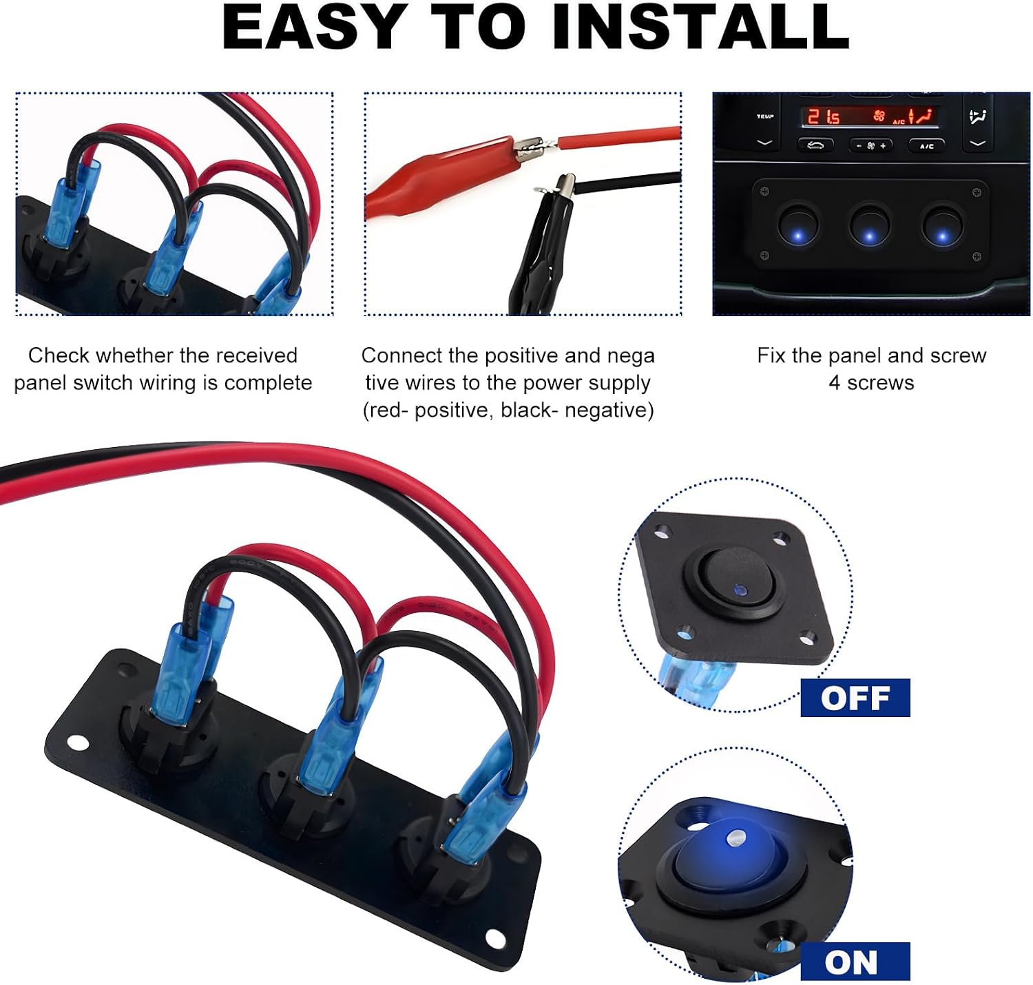 3 Gang Rocker Toggle Switch Panel, DC 12V 20A Waterproof Blue LED Round Toggle Switches, Lighted ON Off SPST Switch Control for Cars, RVs, Buses, Trailer, Camper, Boat etc