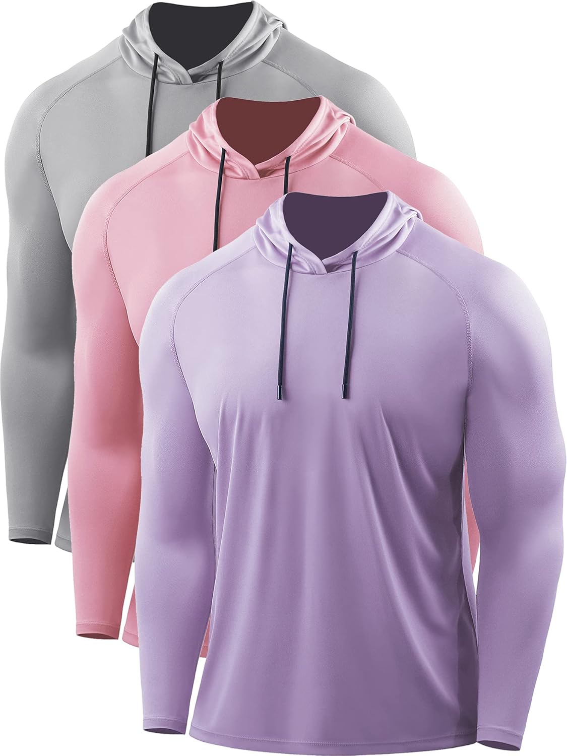 CADMUS Men's Workout Long Sleeve Fishing Shirts UPF 50+ Sun Protection Dry Fit Hoodies, 3 Pack, 096, Grey, Pink, Purple, Large