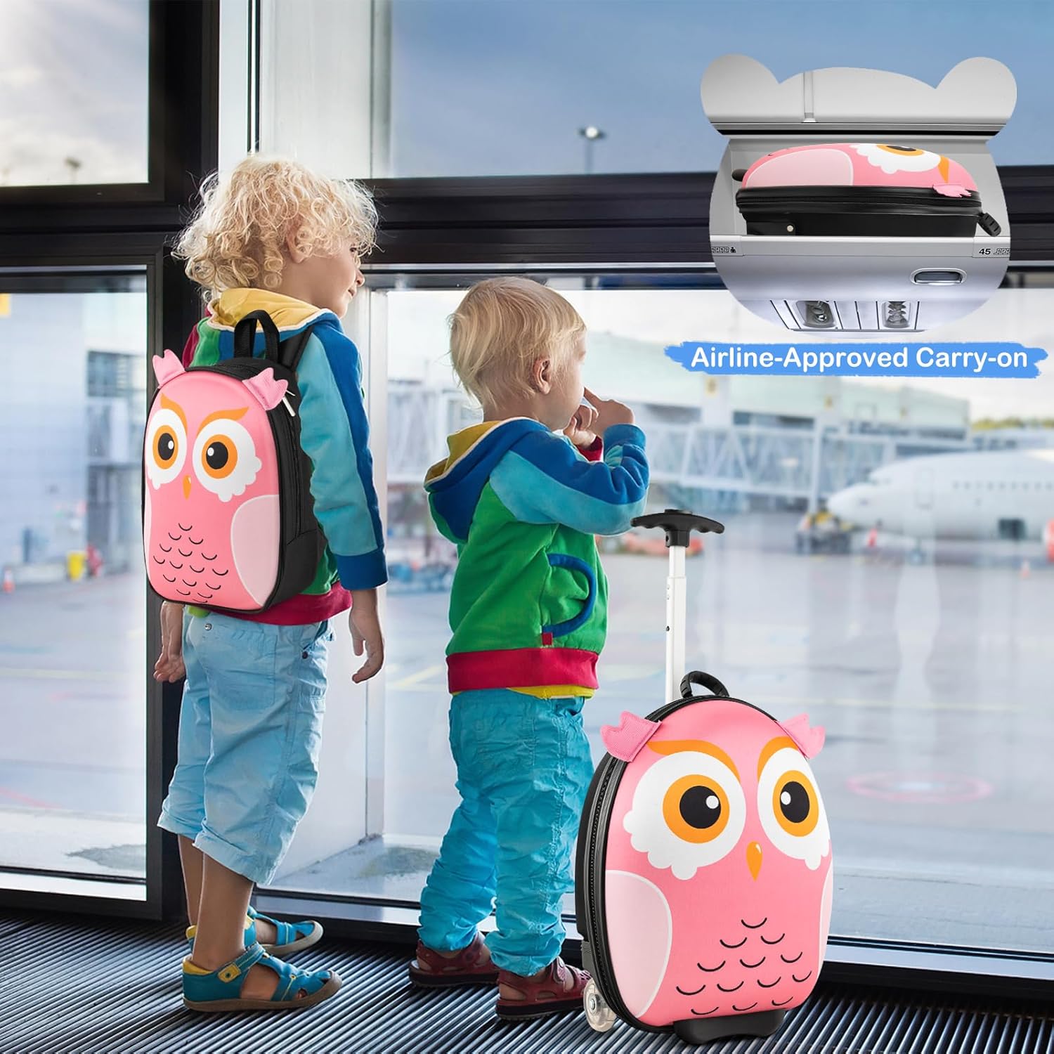 BABY JOY 2 Pcs Kids Luggage Set, 16" Rolling Suitcase w/ 12" Backpack, Airline Approved for Girls & Boys Children Toddlers, Kids Carry On Luggage with Wheels (Owl)