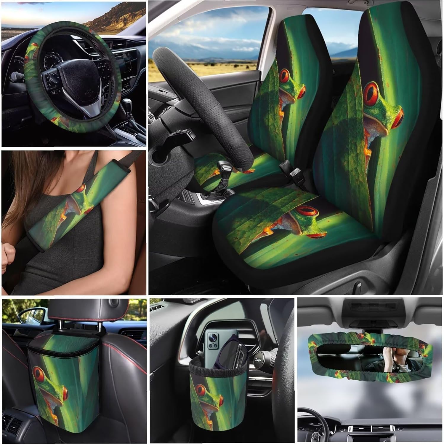 XYZCANDO Cute Frogs Auto Seat Cover Sets 15 PCS Car Seat Cover Set Seat Belt Pads Cover Steering Wheel Cover Storage Box Car Rear View Mirror Cover Coasters Keychain Garbage Bag Fit Most Cars