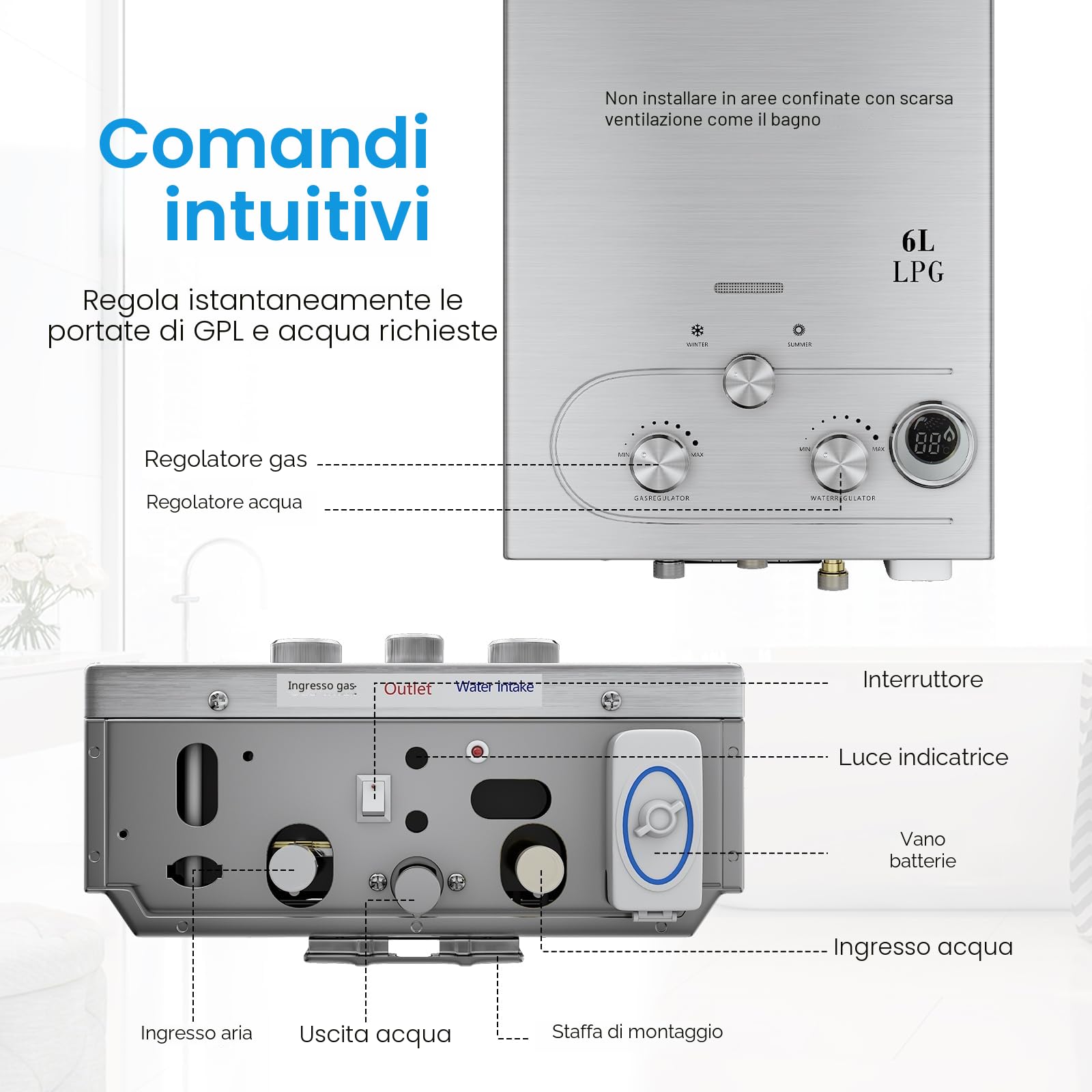 Scaldacqua a gas propano gpl 6L/8L, modalità inverno ed estate, scaldabagno istantaneo senza serbatoio 16kw con kit doccia, bruciatore per campeggio, camper, casa