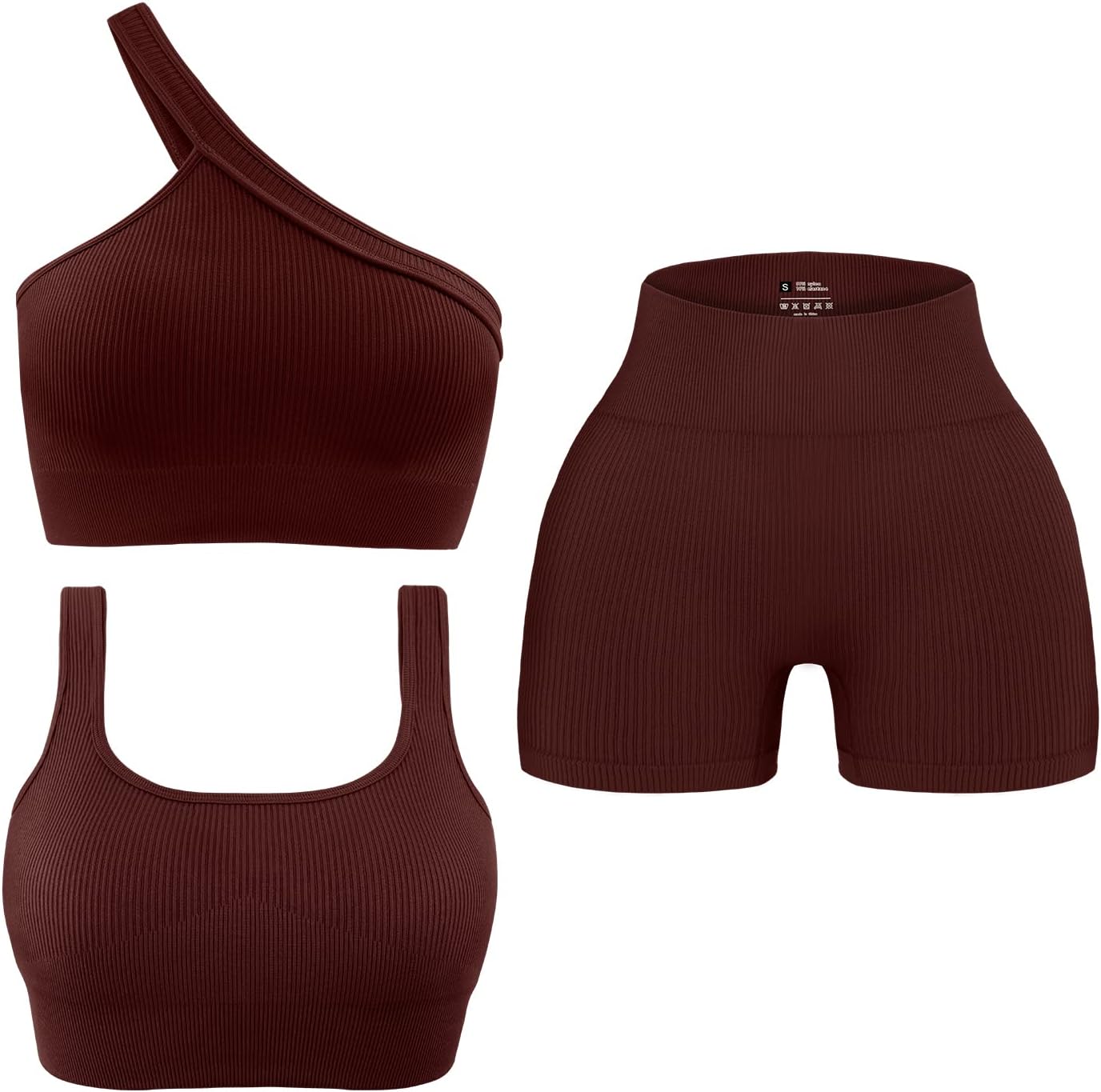 OLCHEE Womens 3 Piece Workout Sets - Seamless Ribbed Yoga Outfits Sports Bra One Shoulder Top Biker Shorts Gym Athletic Cloth
