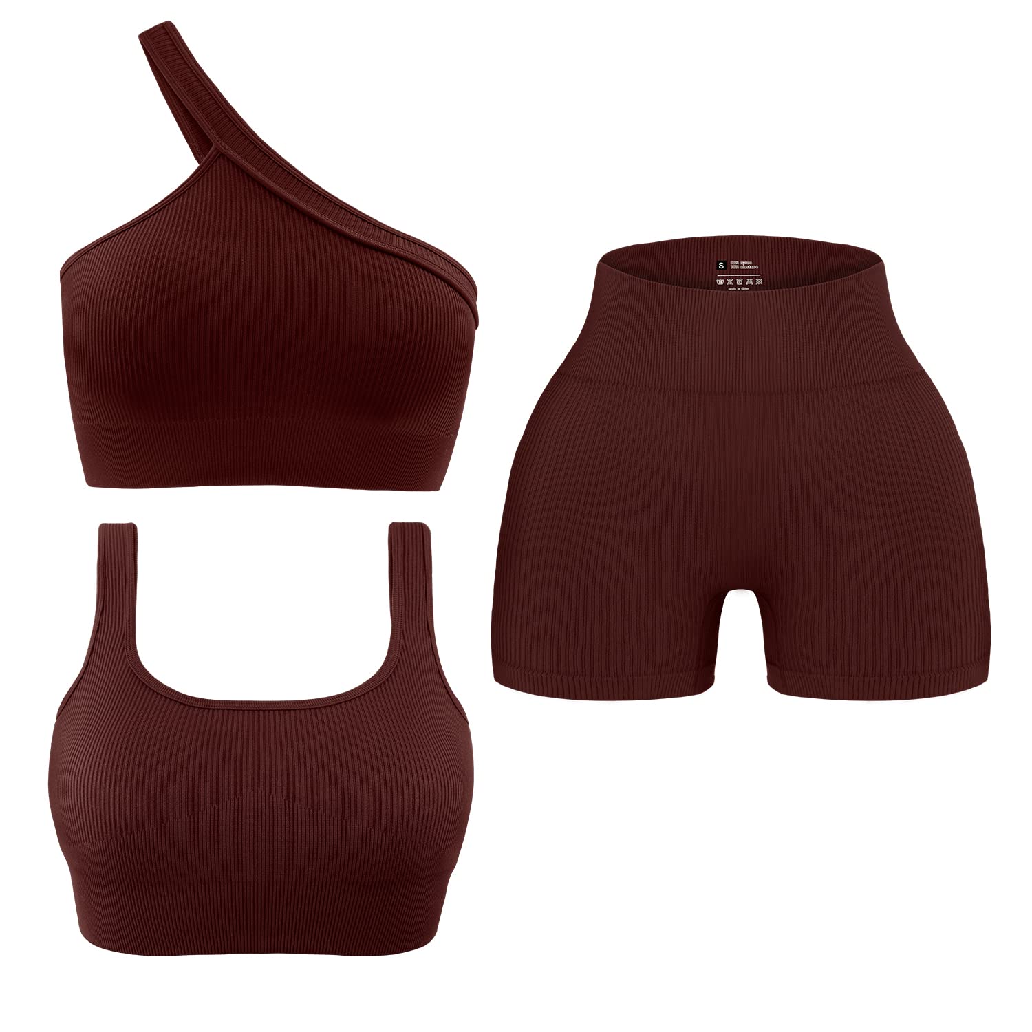OLCHEE Womens 3 Piece Workout Sets - Seamless Ribbed Yoga Outfits Sports Bra One Shoulder Top Biker Shorts Gym Athletic Cloth