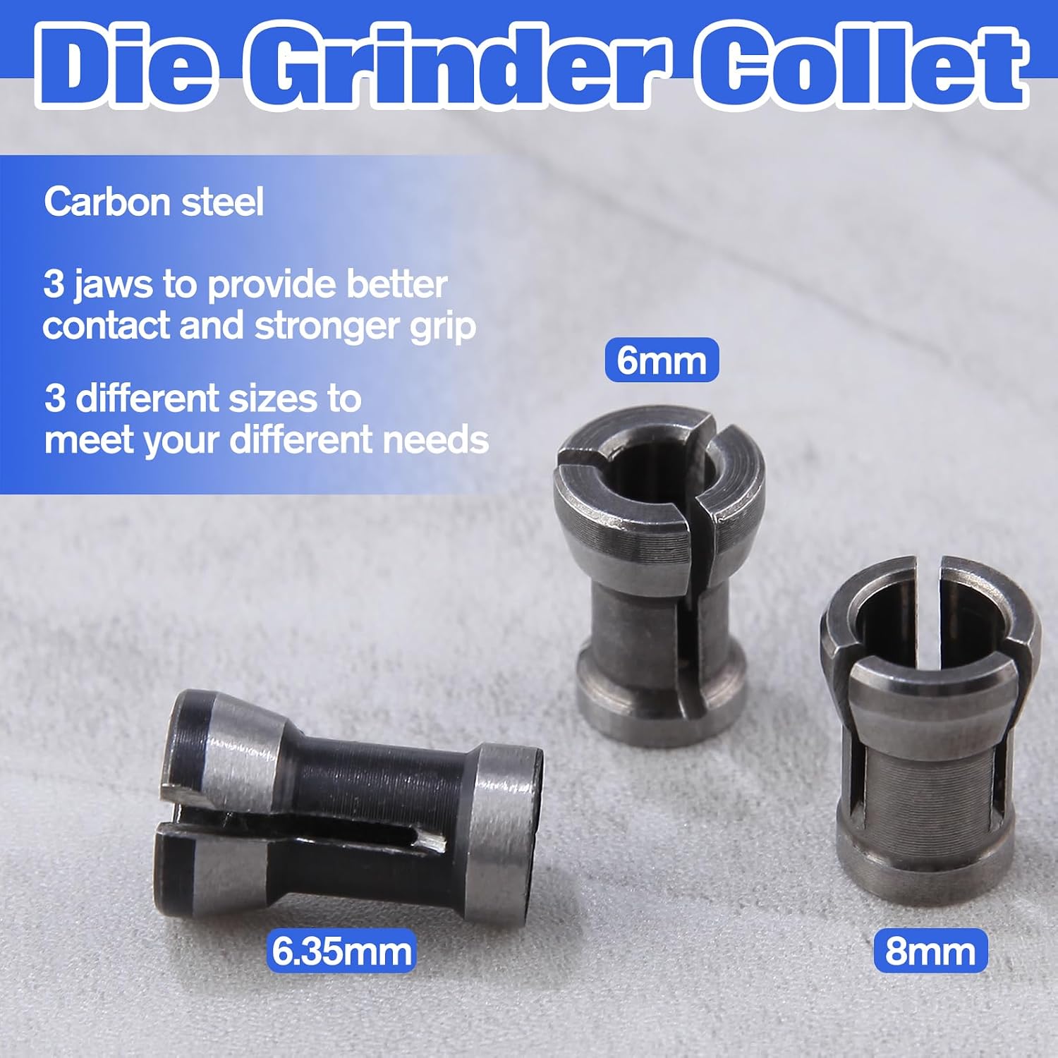 3 Pcs Die Grinder Collet 6mm 6.35mm 8mm Router Collet Chuck Adapter Collets Trimmer Clamping Collet Adaptors Router Bit Chuck for Woodworking Engraving Trimming Carving Grinding Machine Tool