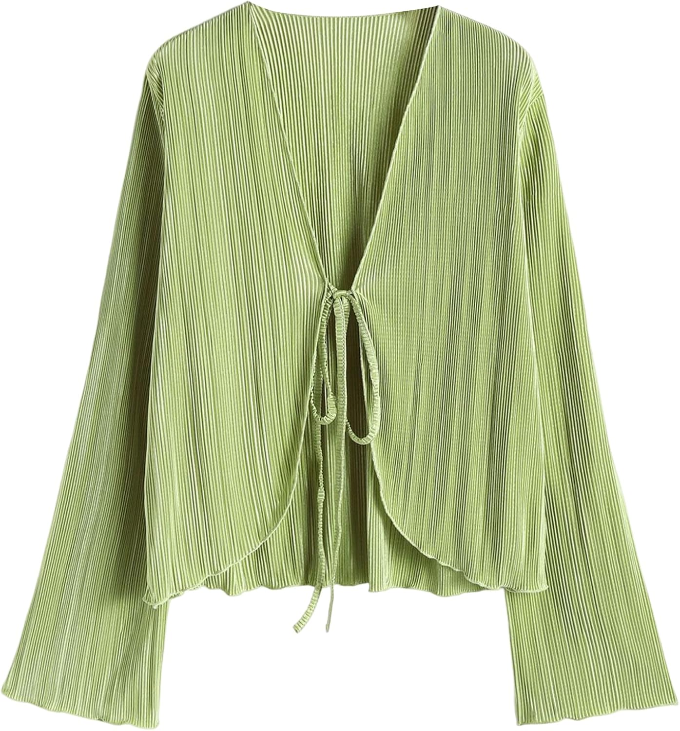 ZAFUL Women's Deep V Neck Tie Front Top Flare Sleeve Plisse Pleated Blouse Shirt Top Y2k Vintage Streetwear - Image 4
