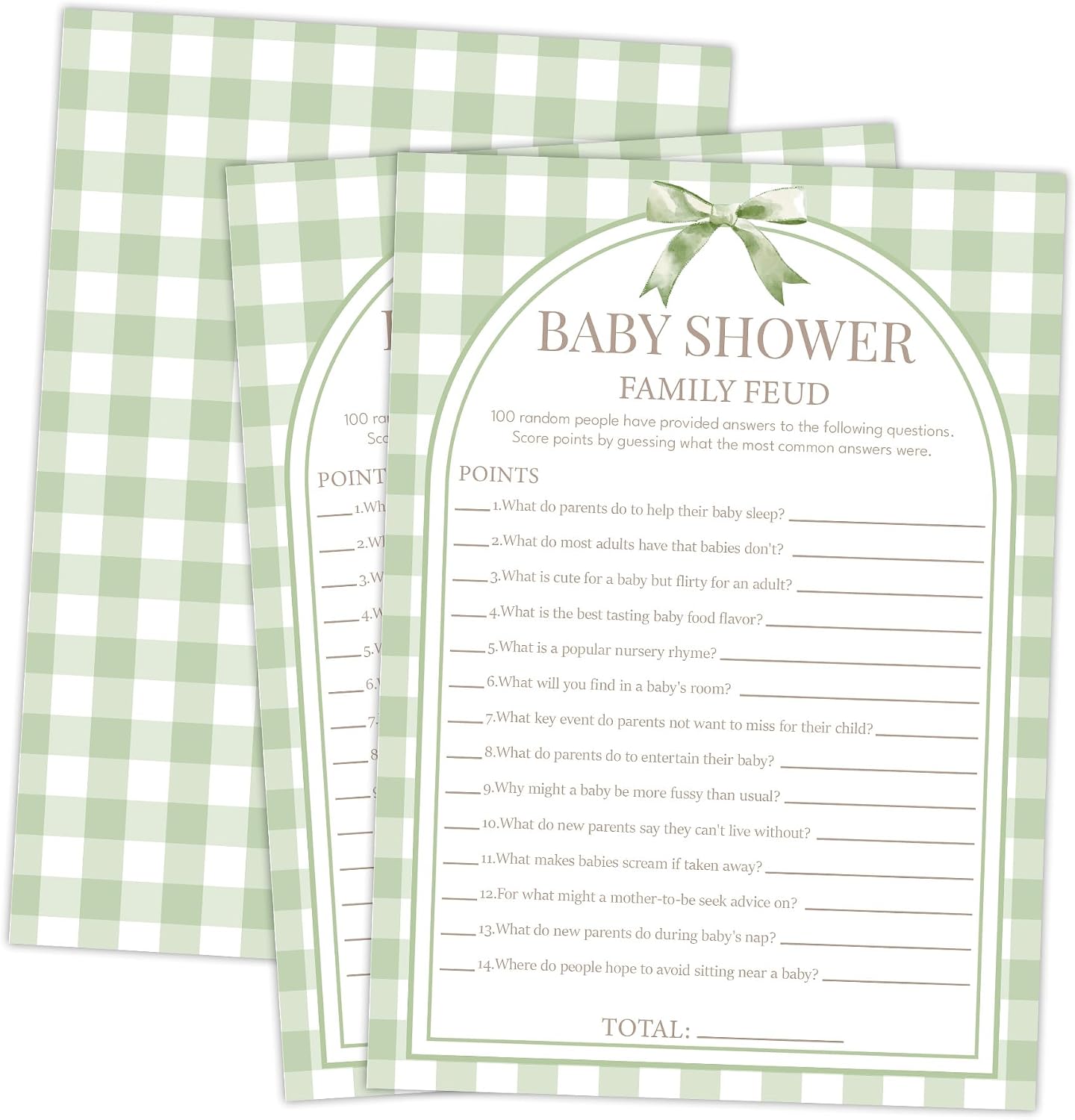 Baby Shower Game Cards for Guest, Sage Green Baby Trivia Game Cards, Mom to Be Supplies for Party, 30 Pcs Fun Gender Reveal Party Games & Activity with Answer, 5 x 7 Inch