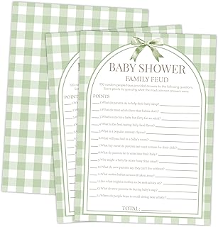Sage Green Baby Shower Games Cards for Guests, Baby Shower Family Feud Game Cards, Icebreaker Activity Set of 30, Fun Gender Reveal Party Games & Activity with Answer Card, 5 x 7 Inch