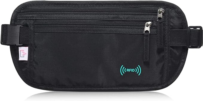 RFID Blocking Travel Wallet - Money Belt & Passport Holder, Waist Pack for Women Men - Black